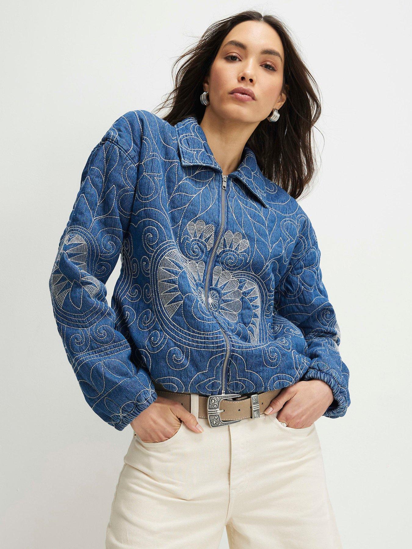 River Island Virgo Embellished Quilted Bomber Jacket - Blue