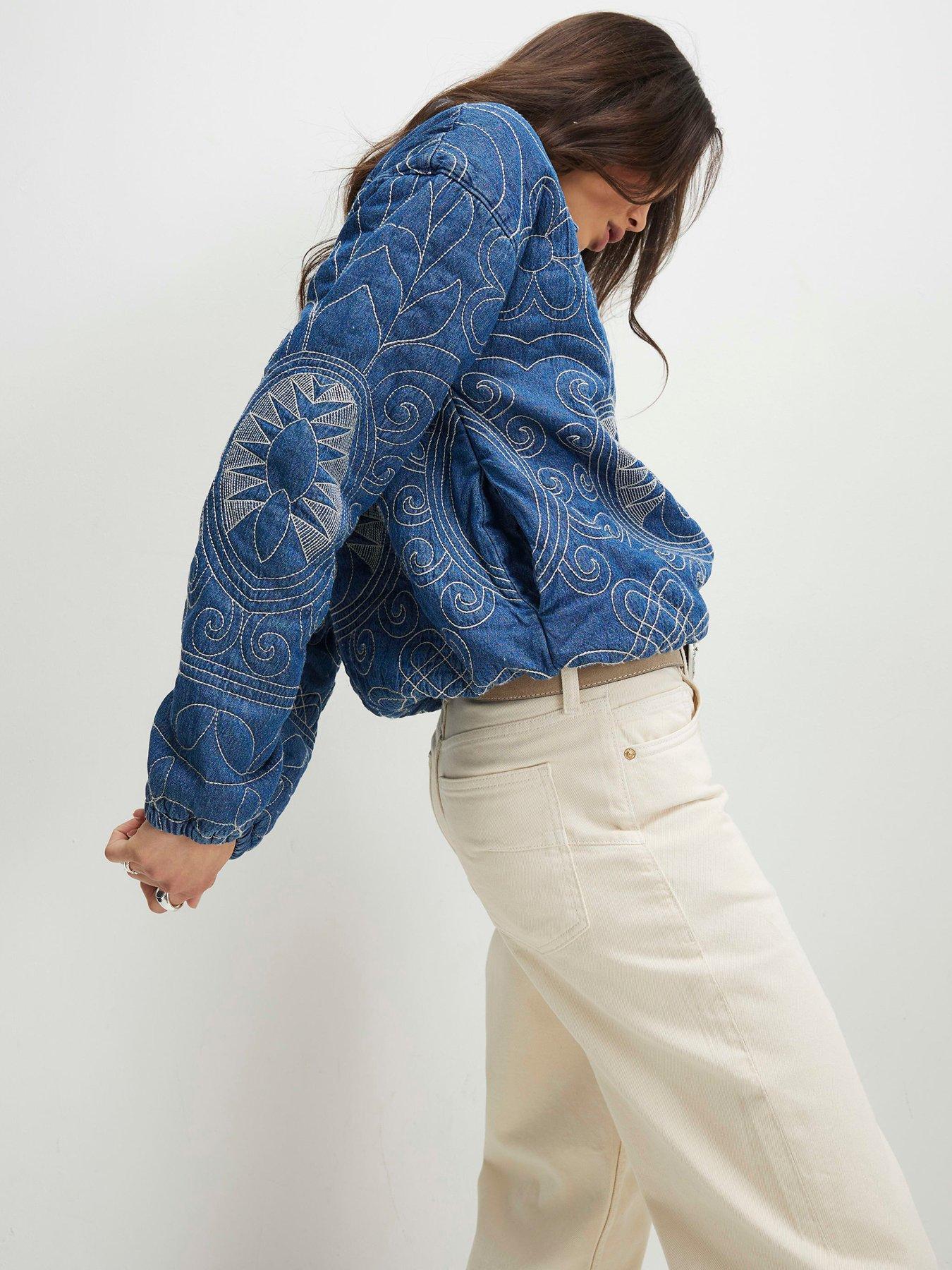 Image 4 of 6 of River Island Virgo Embellished Quilted Bomber Jacket - Blue