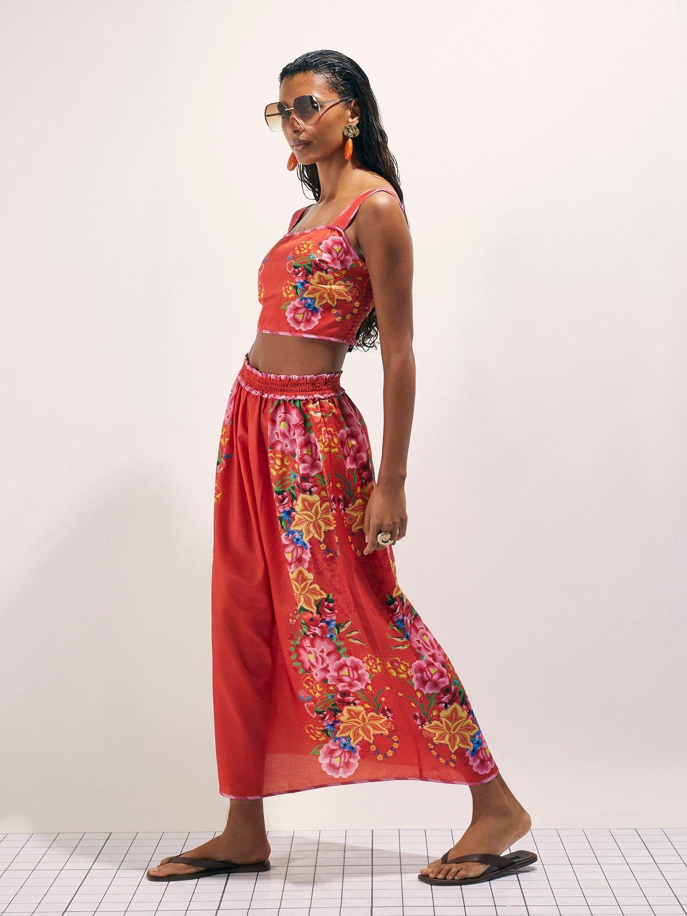 Image 1 of 4 of River Island Floral Embroidered Maxi Skirt - Red