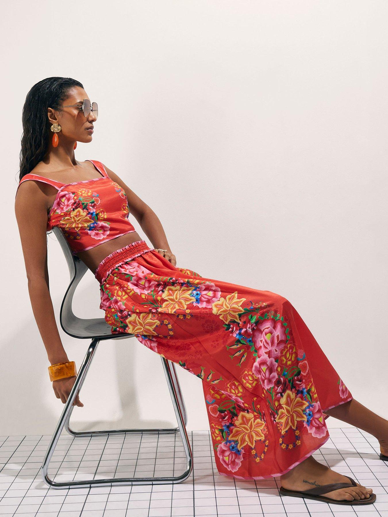 Image 3 of 4 of River Island Floral Embroidered Maxi Skirt - Red