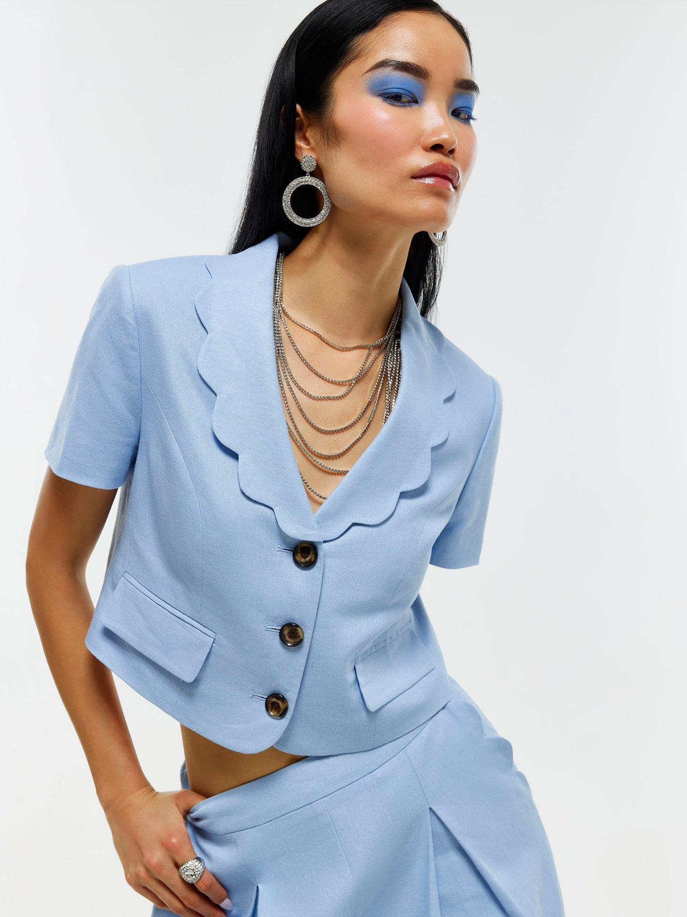 River Island Blue - Light Crop Scallop Linen Jacket Co-ord