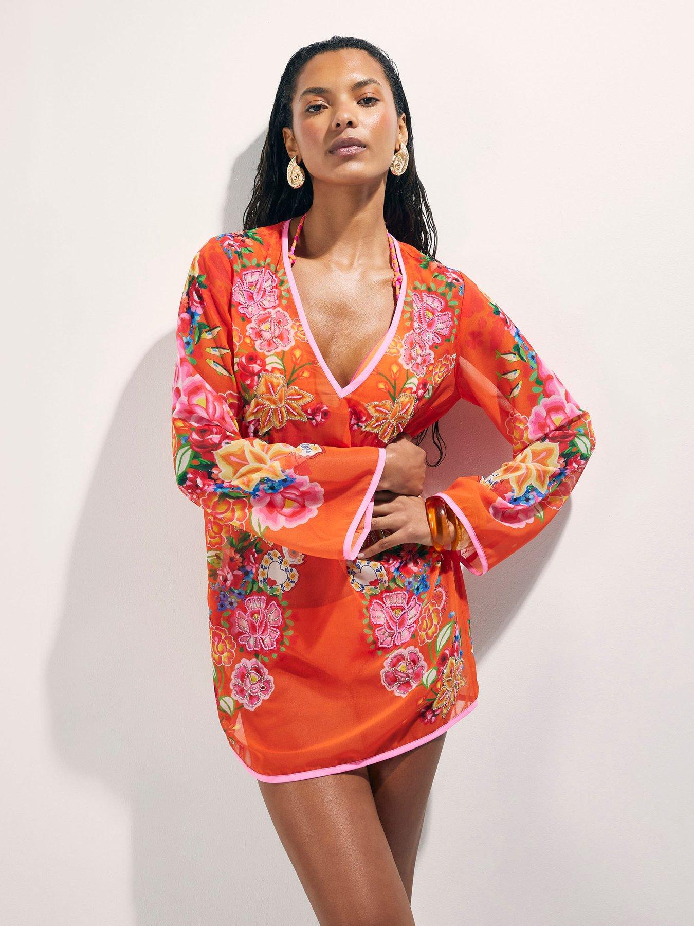 front image of river-island-floral-emb-border-tunic-orange
