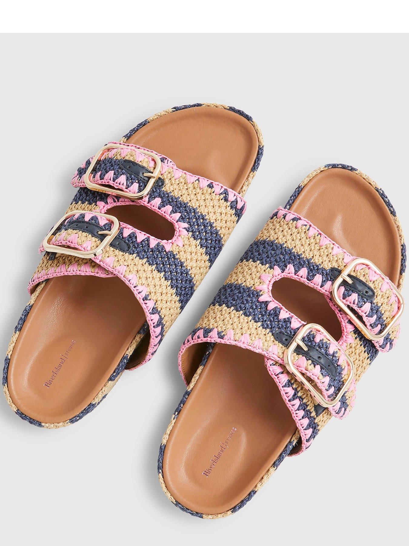 Image 5 of 6 of River Island Stripe Raffia Footbed Sandal - Blue