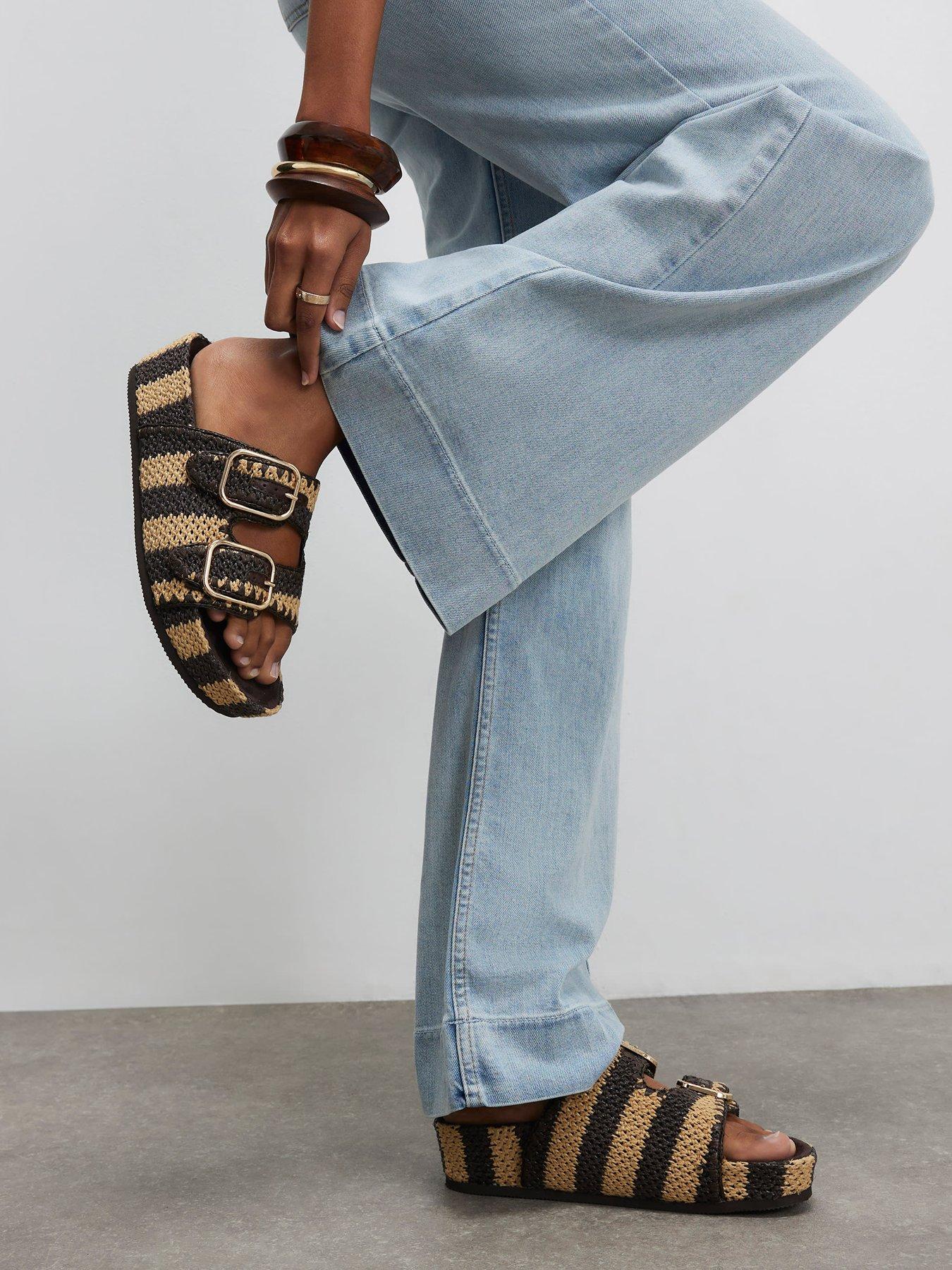 Image 1 of 5 of River Island Stripe Raffia Footbed Sandal - Brown