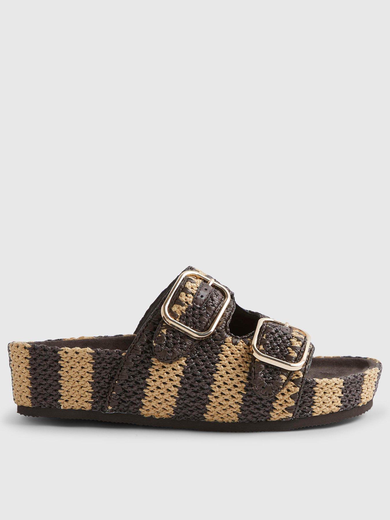 Image 2 of 5 of River Island Stripe Raffia Footbed Sandal - Brown
