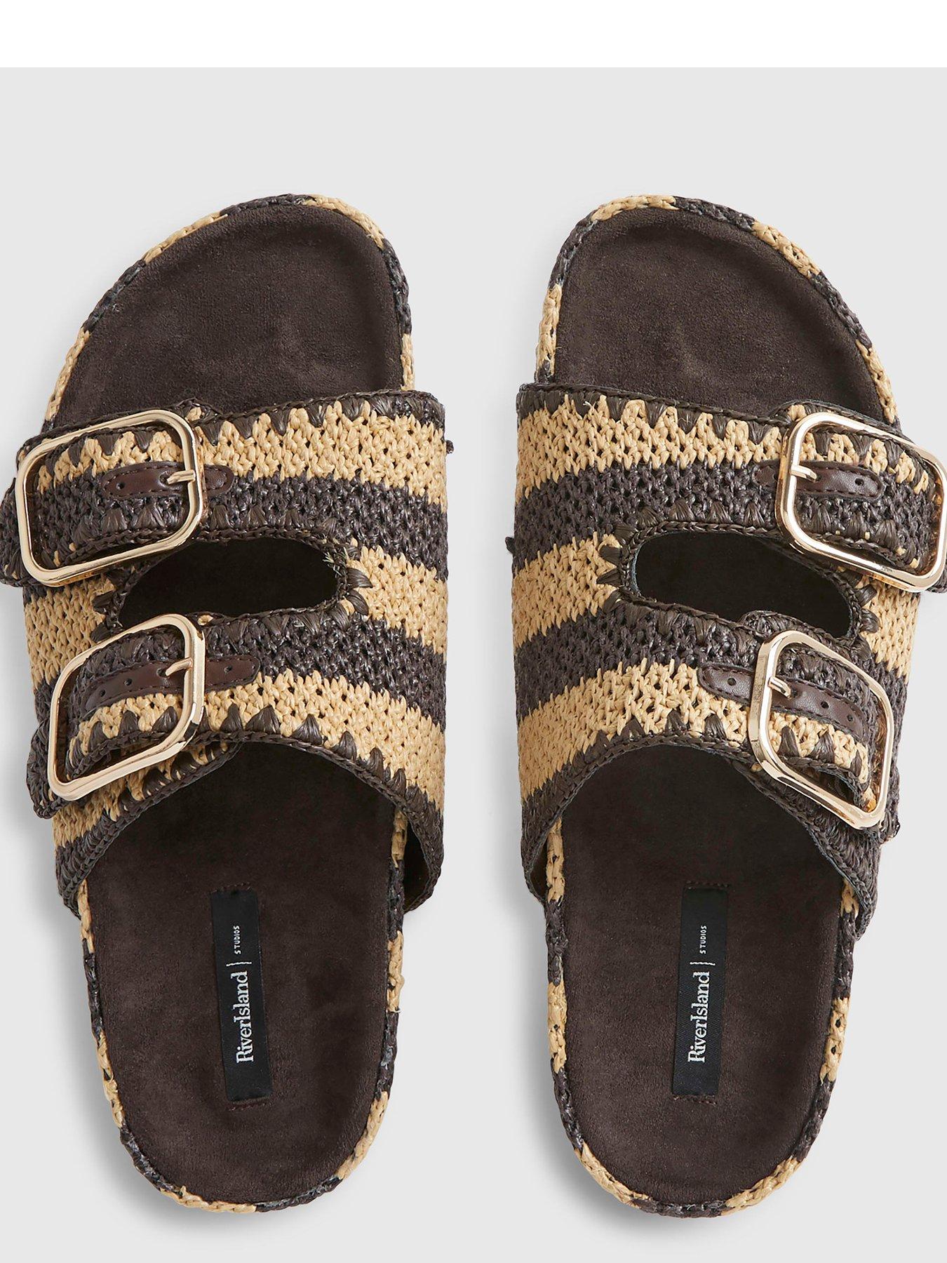 Image 4 of 5 of River Island Stripe Raffia Footbed Sandal - Brown