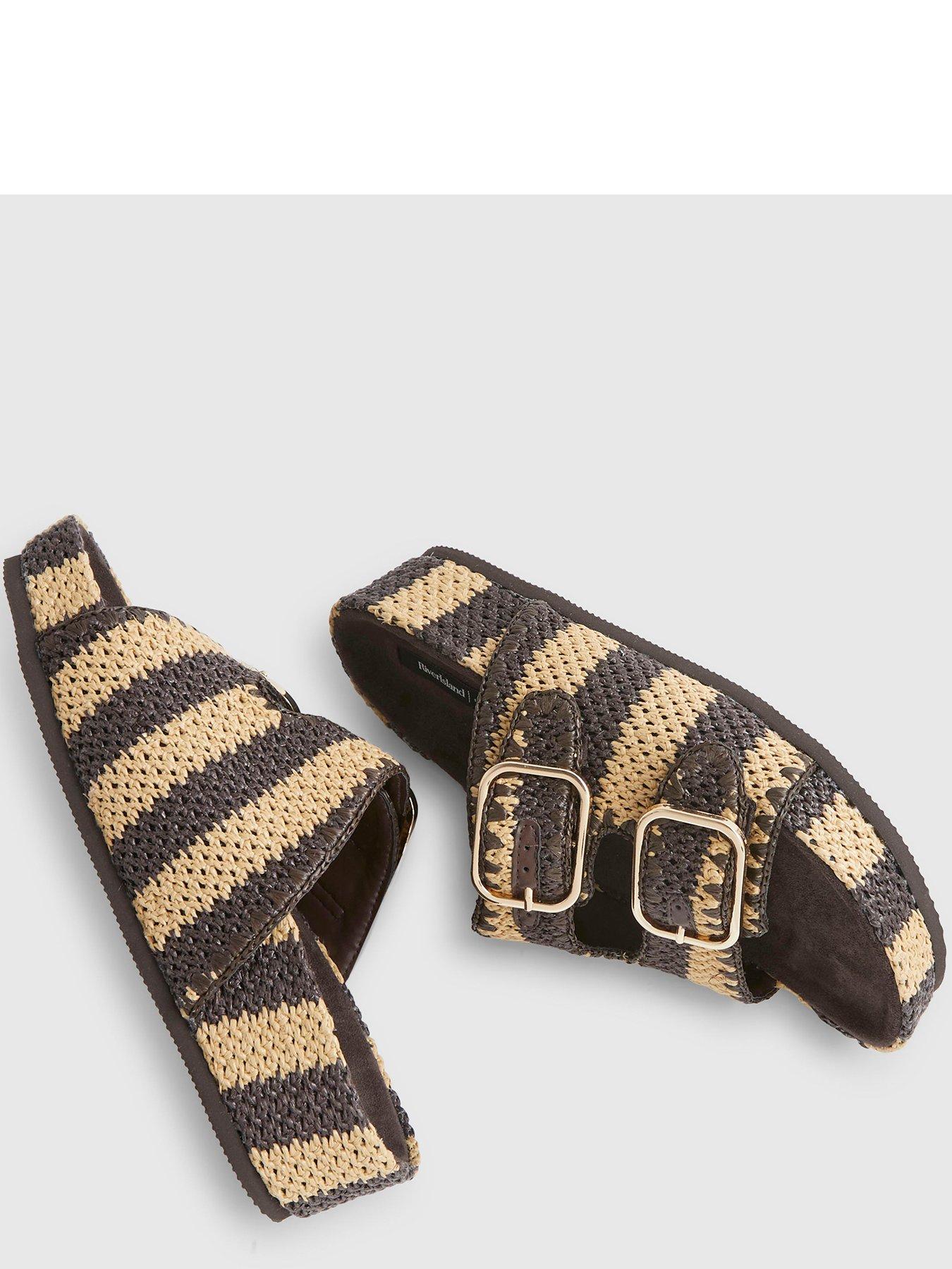 Image 5 of 5 of River Island Stripe Raffia Footbed Sandal - Brown