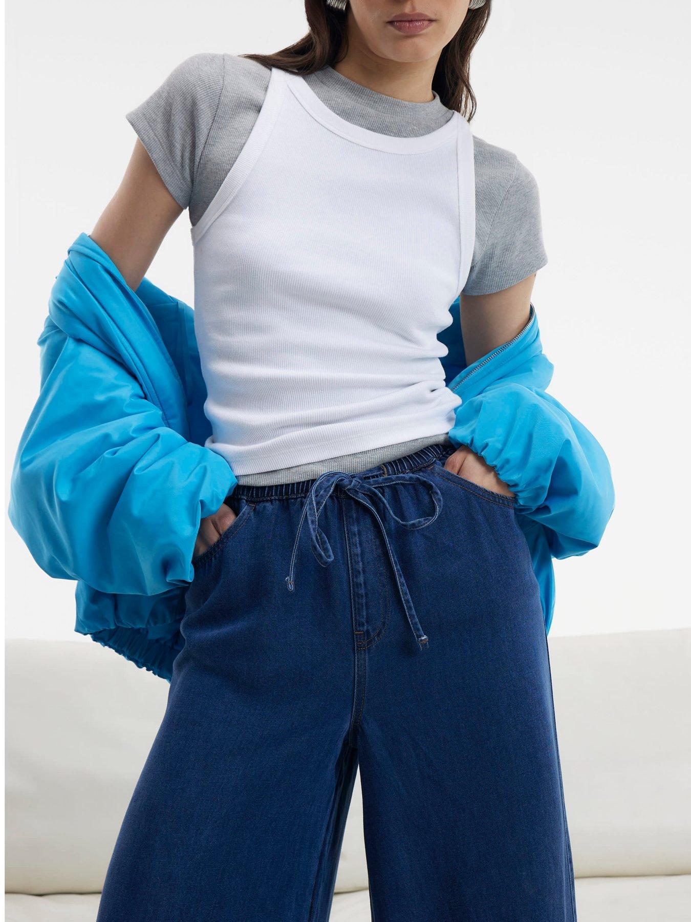 Image 4 of 6 of River Island Wide Leg Drawstring Jeans - Blue