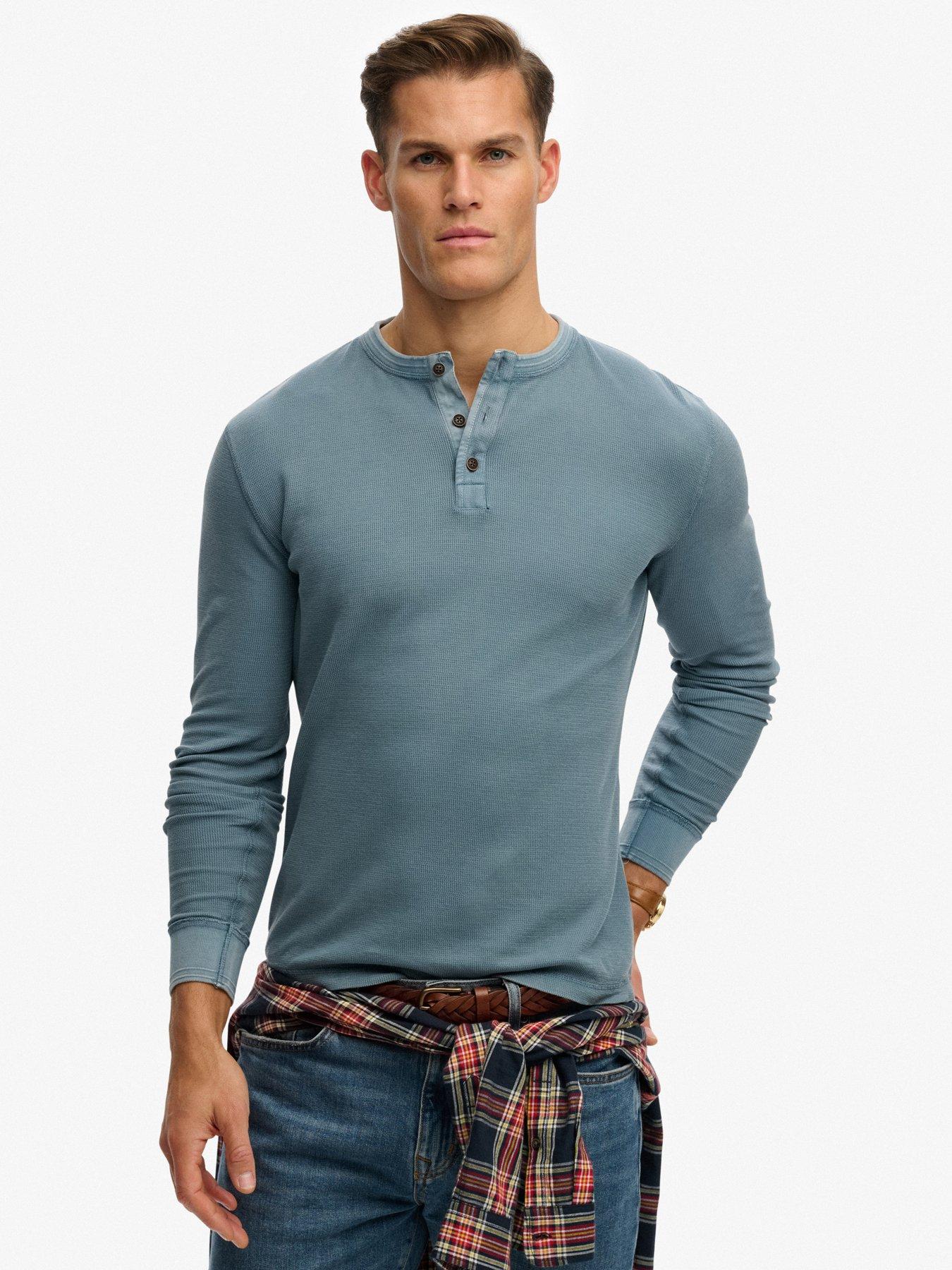 front image of superdry-lightweight-textured-grandad-top-blue