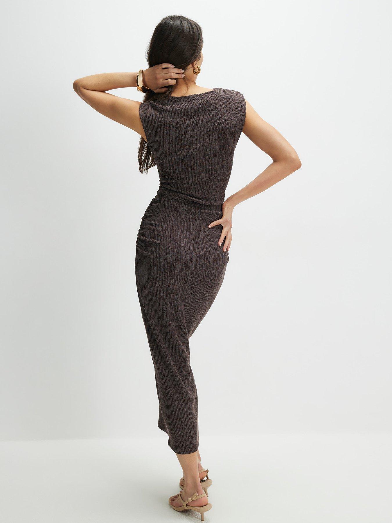 River Island Short Sleeve Texture Ruched Midi Dress - Brown | Littlewoods