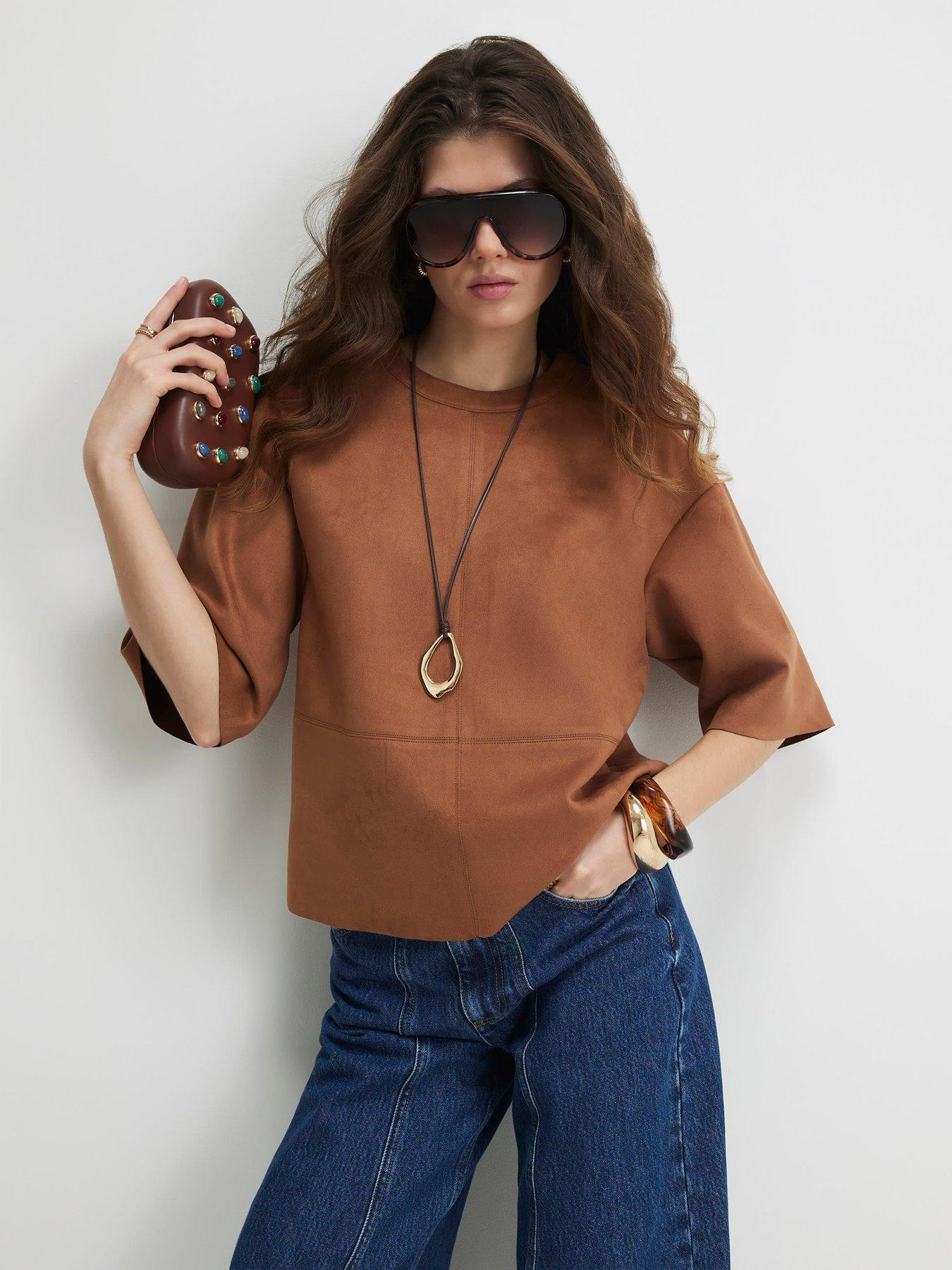 River Island Suedette Seam Detail T-Shirt - Brown