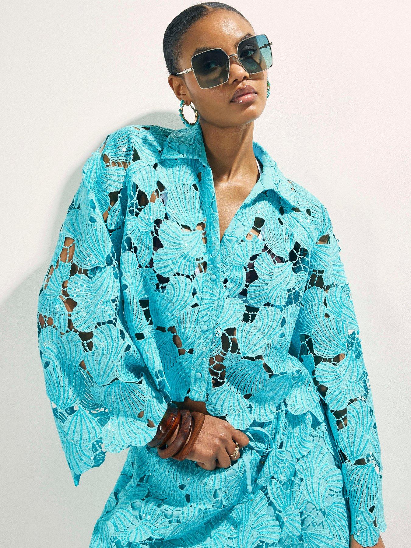 Image 1 of 4 of River Island Cutwork Sequin Co-ord Shirt - Blue