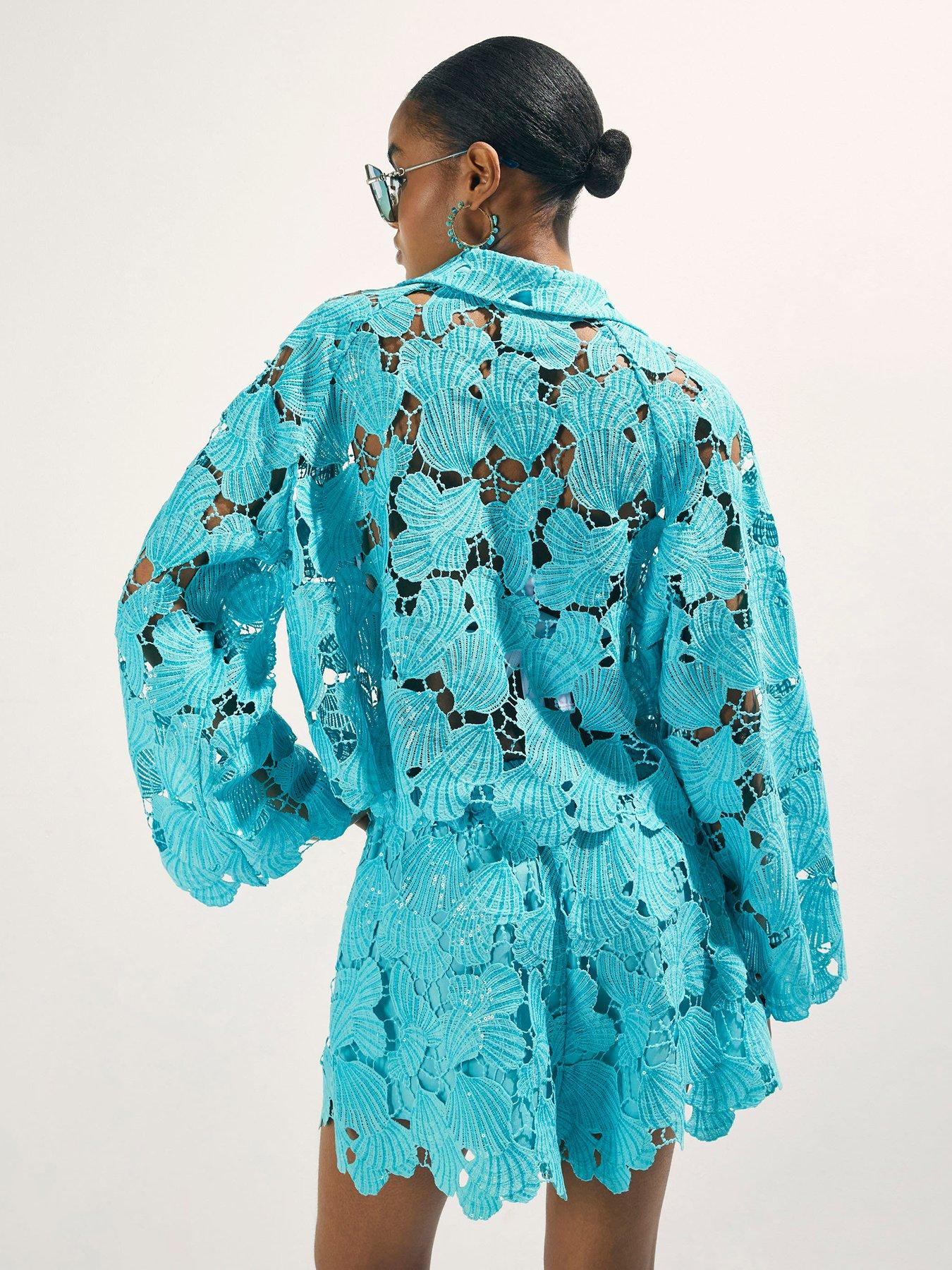 Image 2 of 4 of River Island Cutwork Sequin Co-ord Shirt - Blue