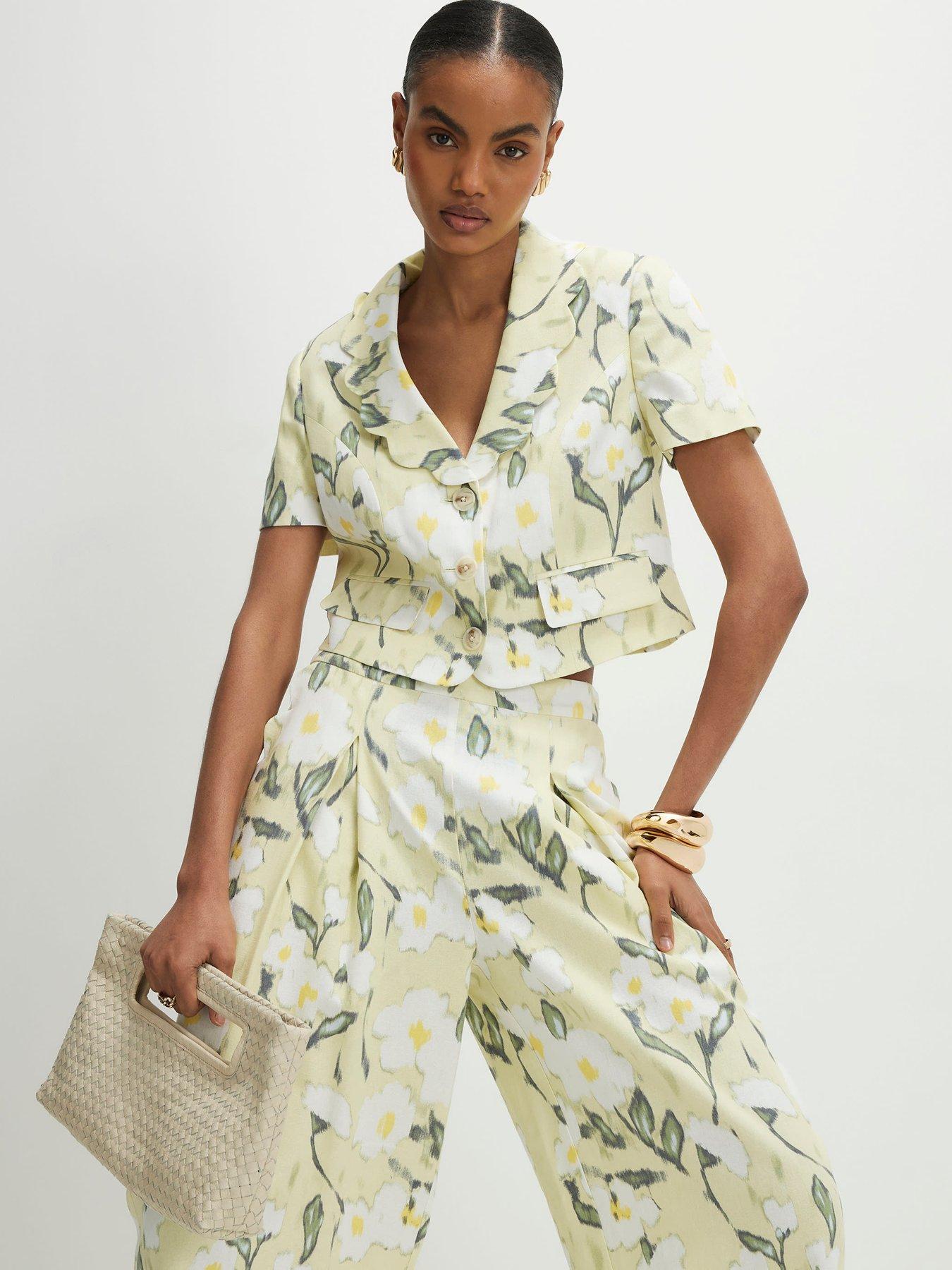 River Island Floral Crop Scallop Linen Jacket - Green