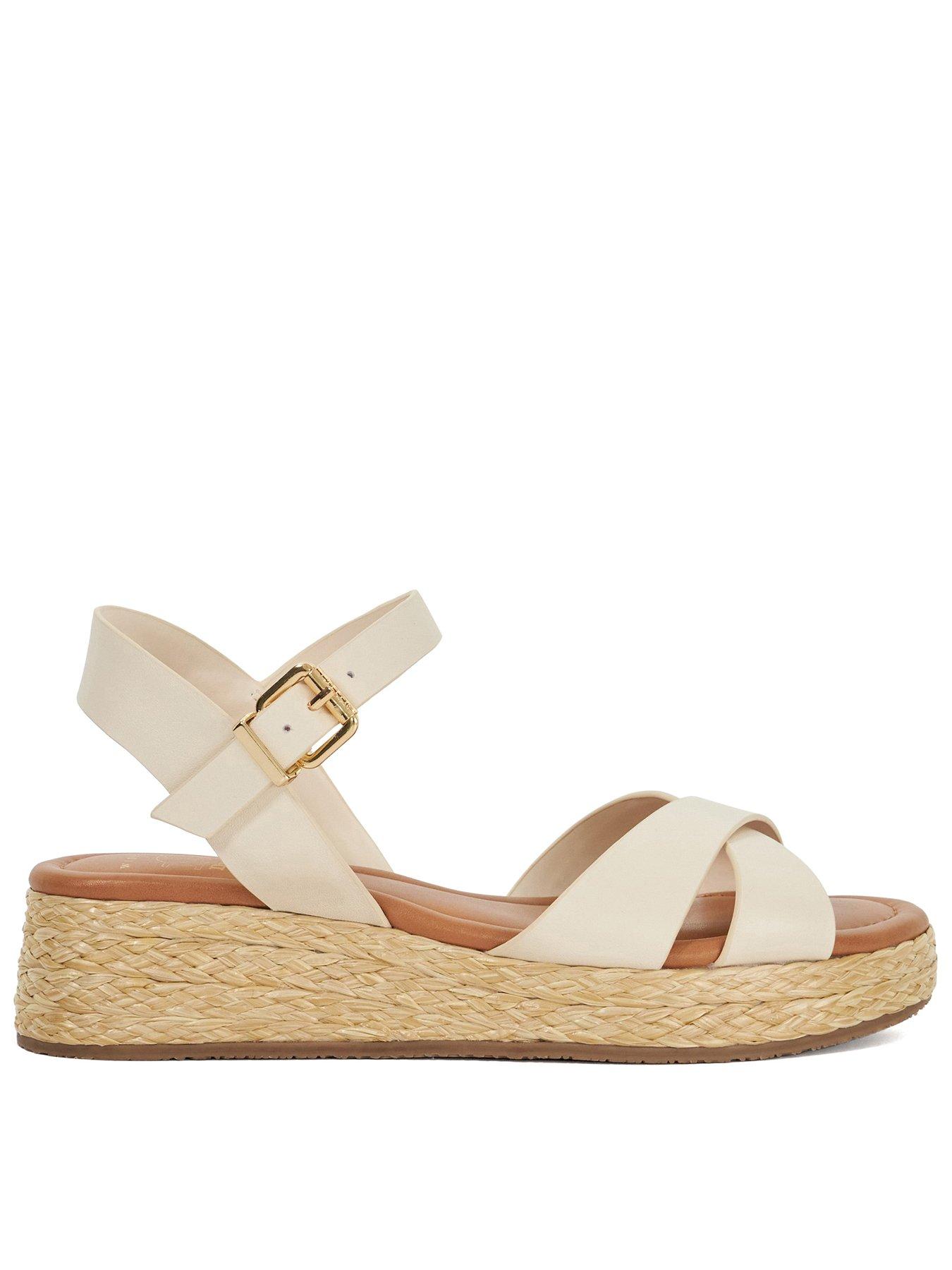 Dune London Wide Fit Littleton Leather Raffia Flatform Sandals - White