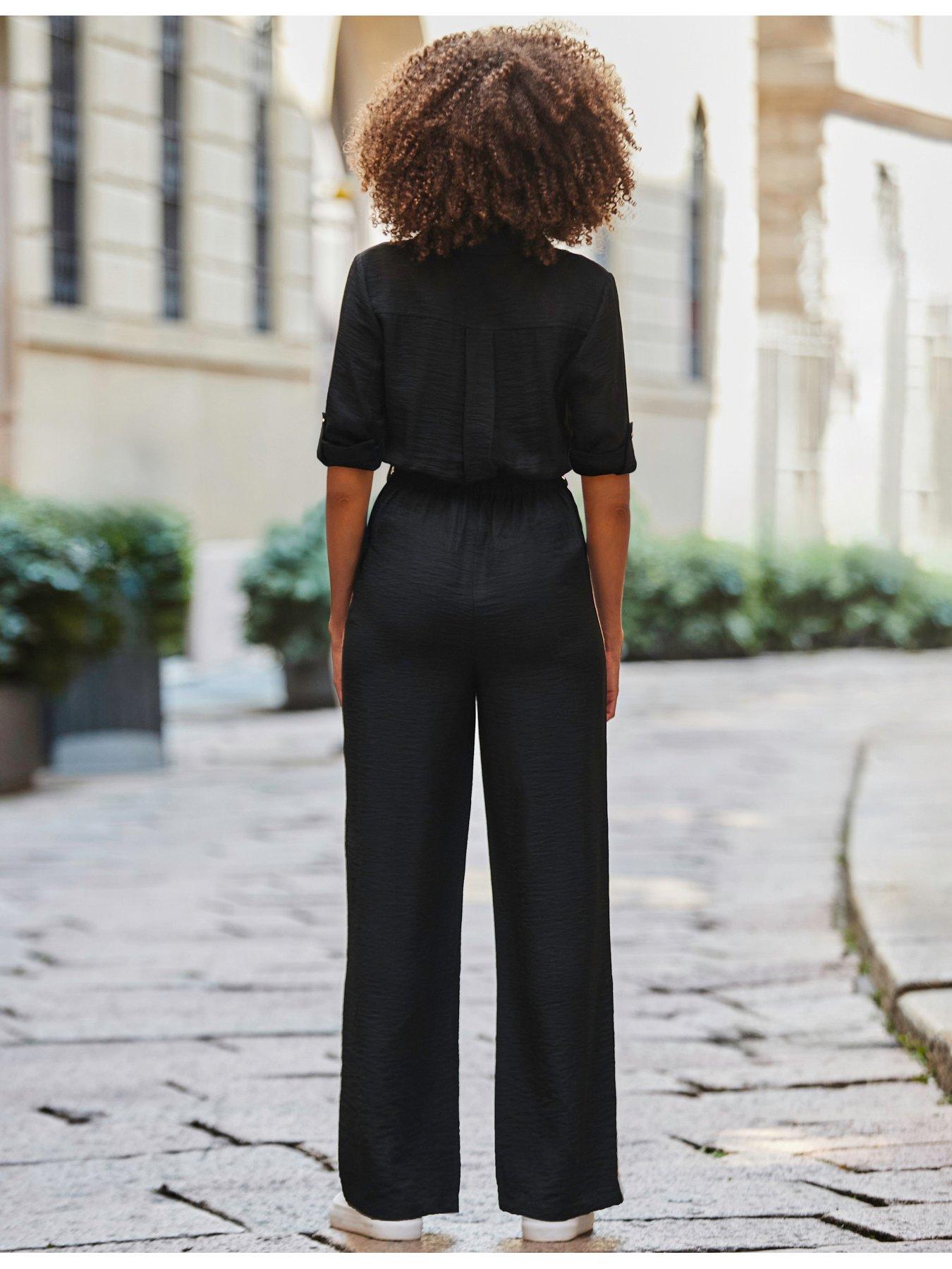 stillFront image of sosandar-side-stripe-button-front-jumpsuit-short-black