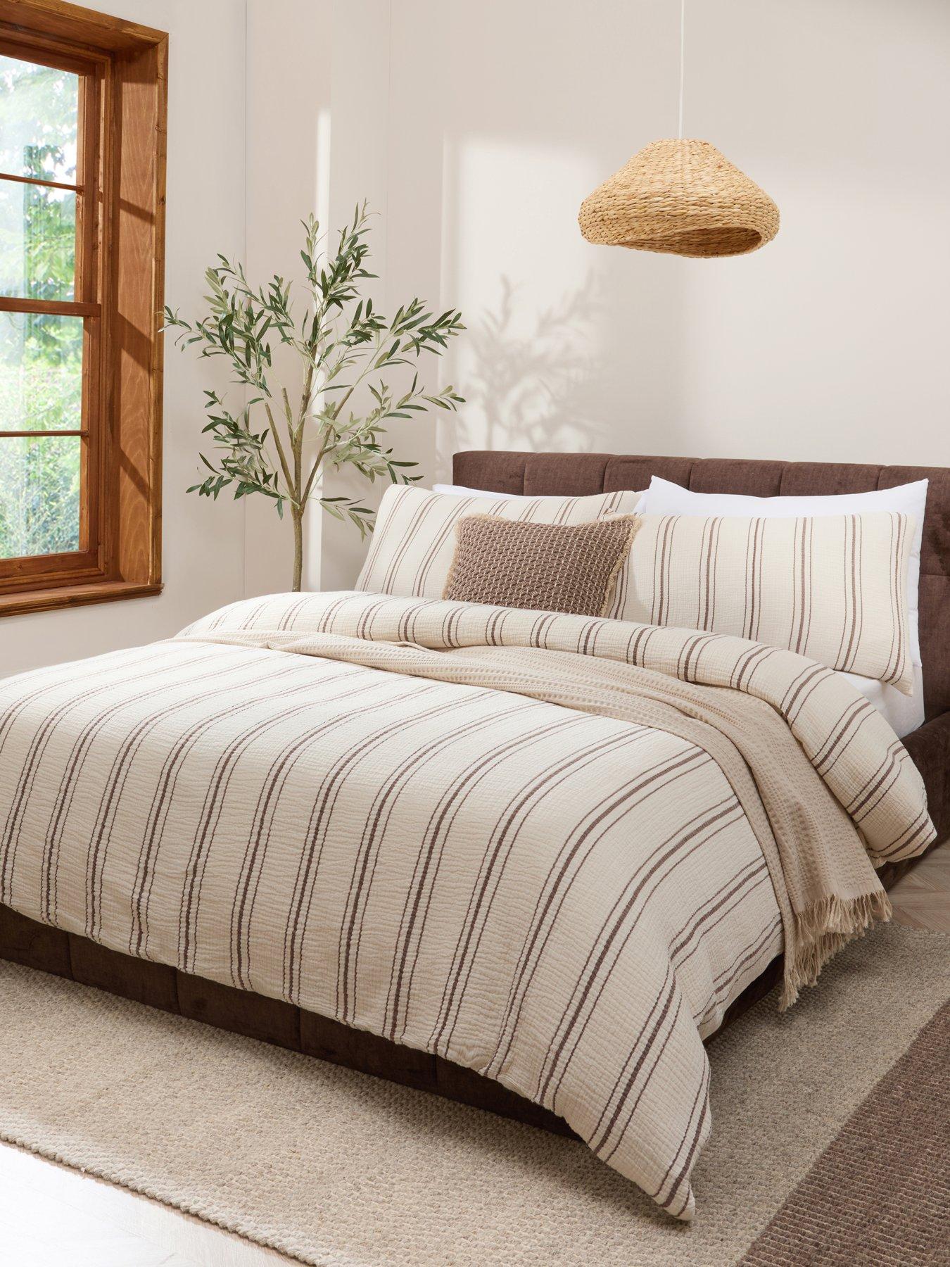 Image 1 of 6 of Michelle Keegan Home Cotton Jacquard Stripe Duvet Set - Cream/Brown