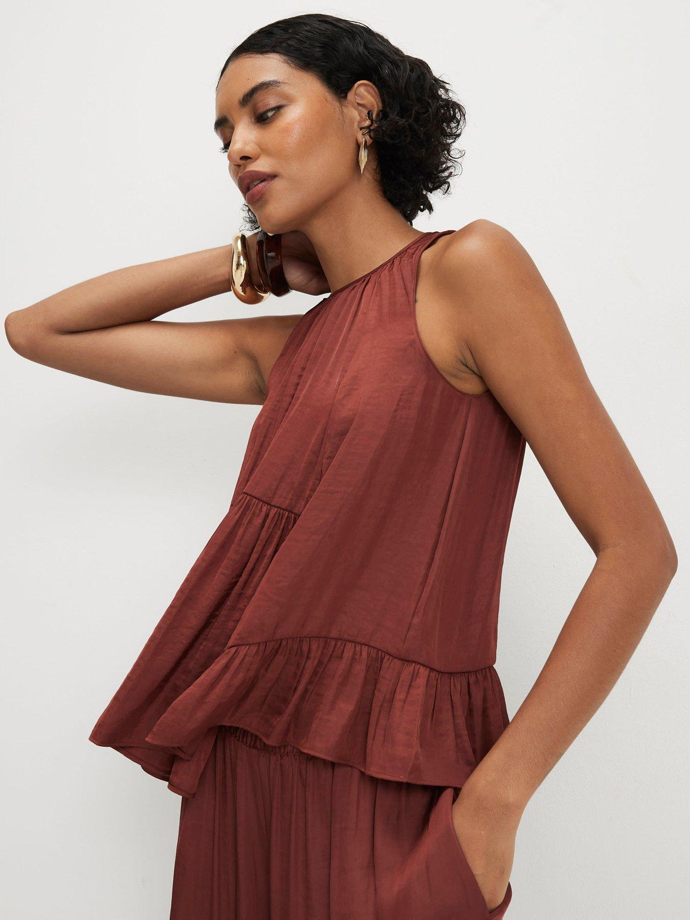 Image 1 of 4 of River Island Satin Airflow Top - Brown