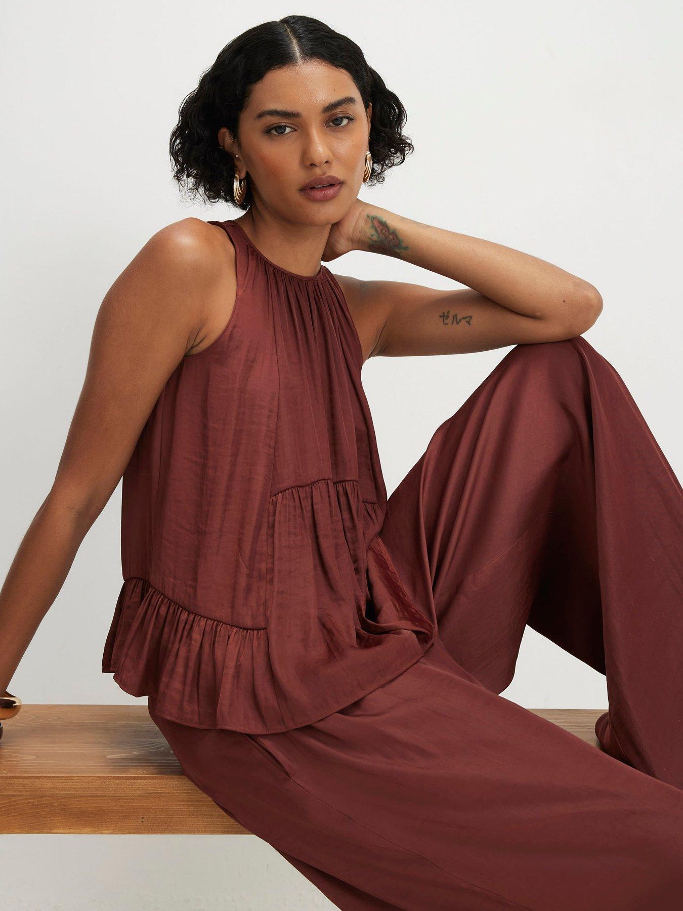 Image 2 of 4 of River Island Satin Airflow Top - Brown