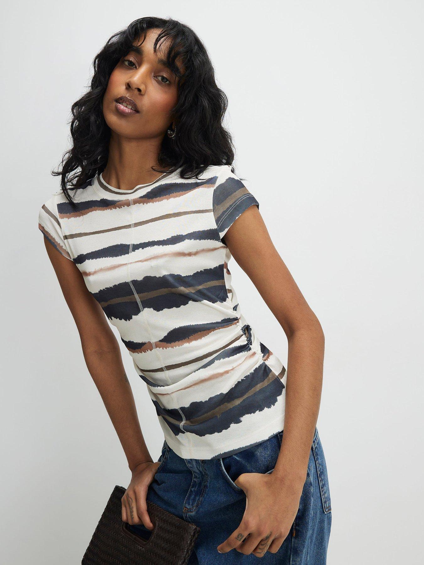 River Island Short Sleeve Aop Ruched T-Shirt - Beige