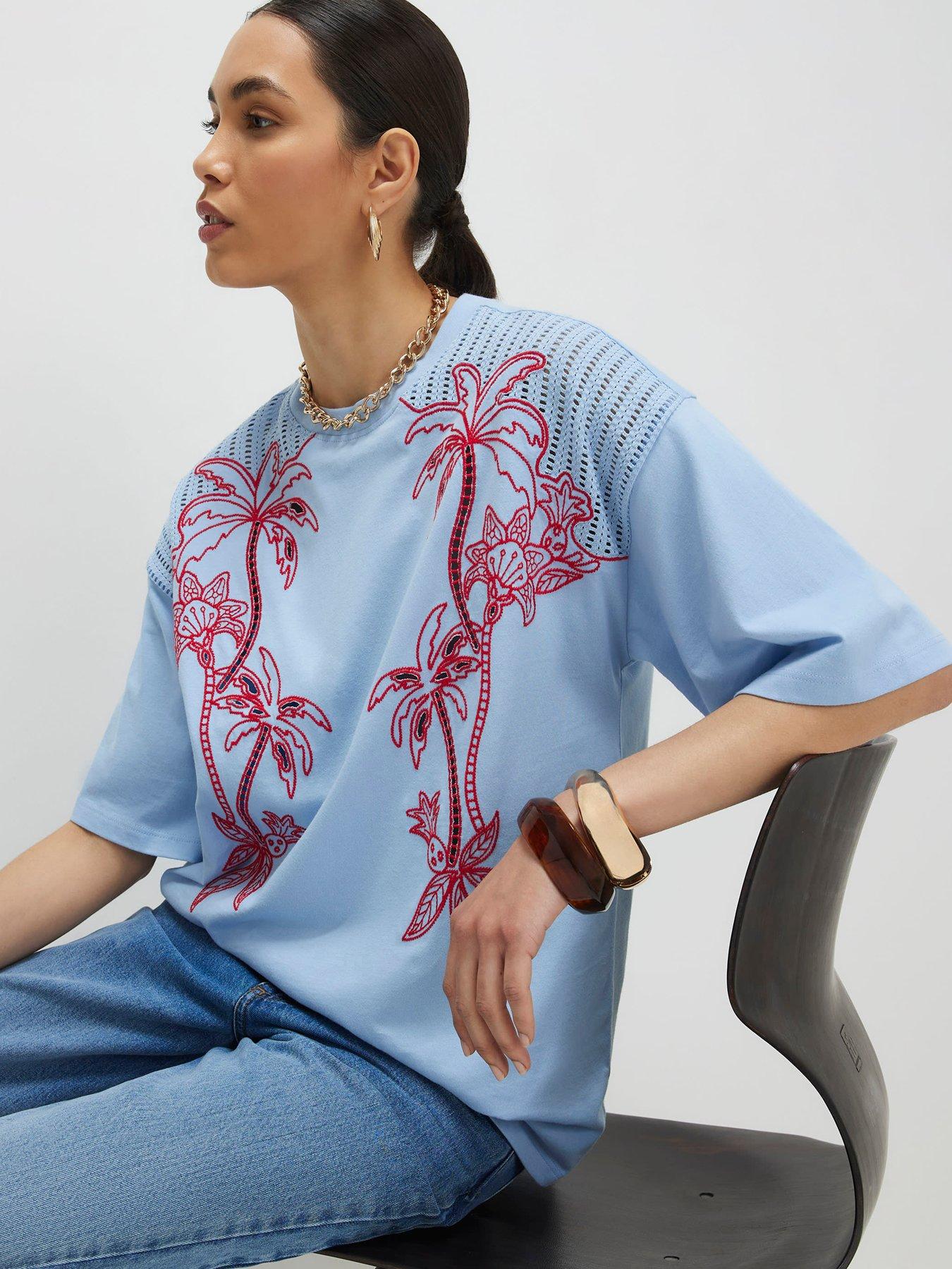 River Island Short Sleeve Palm Cutwork Boyfriend T-Shirt - Blue