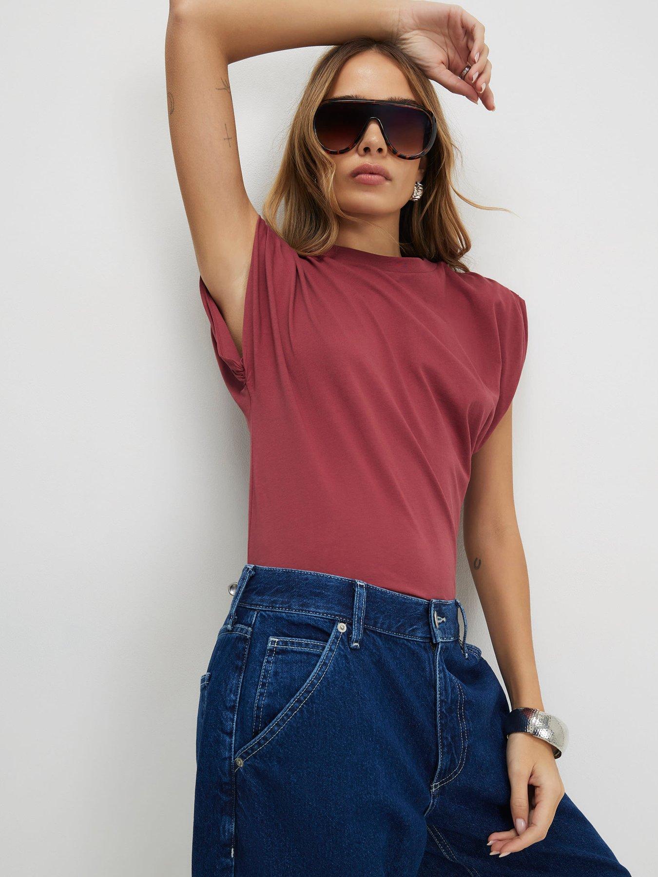 River Island Short Sleeve Ruched Shoulder T-Shirt - Red