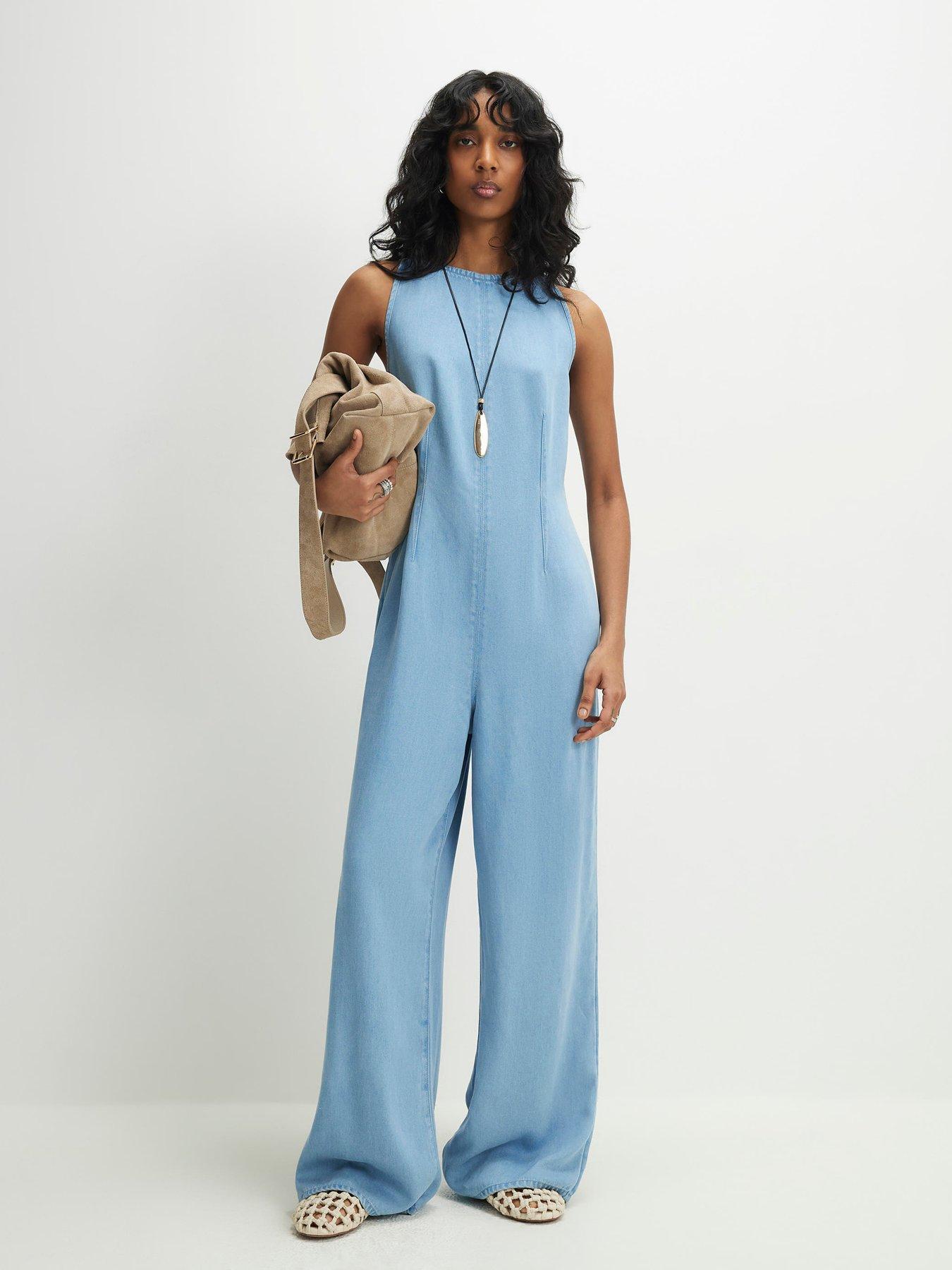 River Island Porto Boat Neck Wide Jumpsuit - Blue