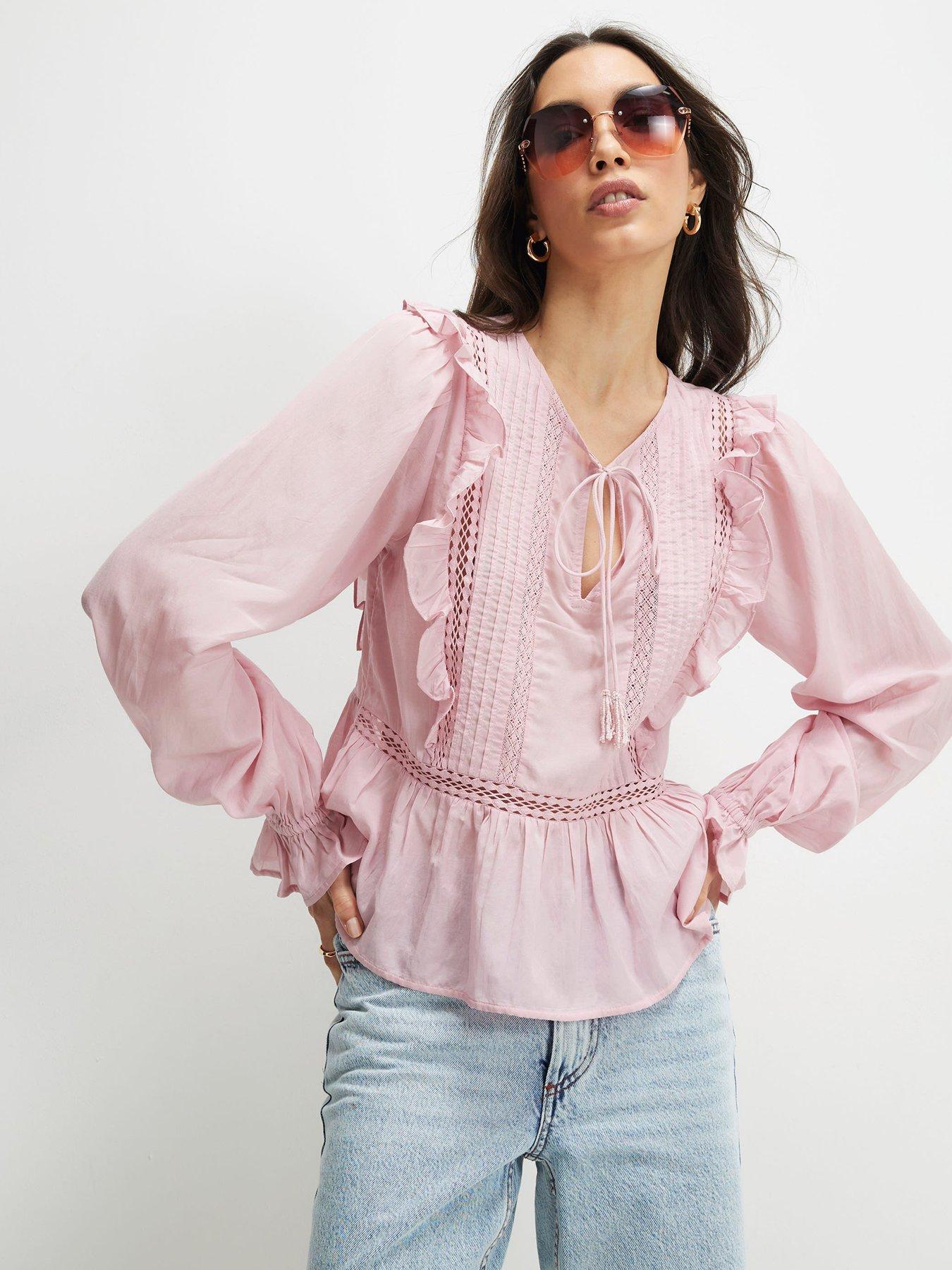 River Island Long Sleeve Lace Insert Blouse - Pink