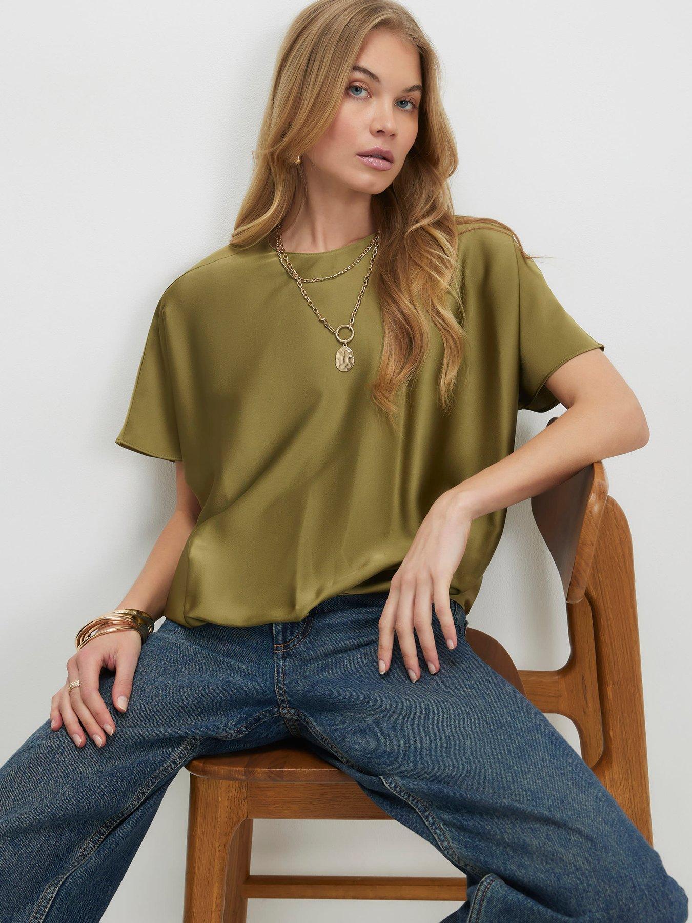 Image 1 of 6 of River Island Tuck Hem Satin T Shirt - Green