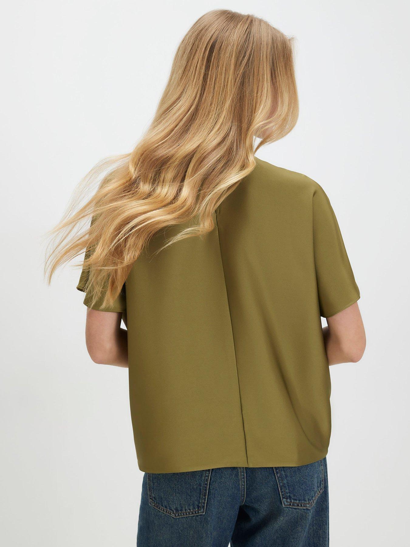 Image 2 of 6 of River Island Tuck Hem Satin T Shirt - Green