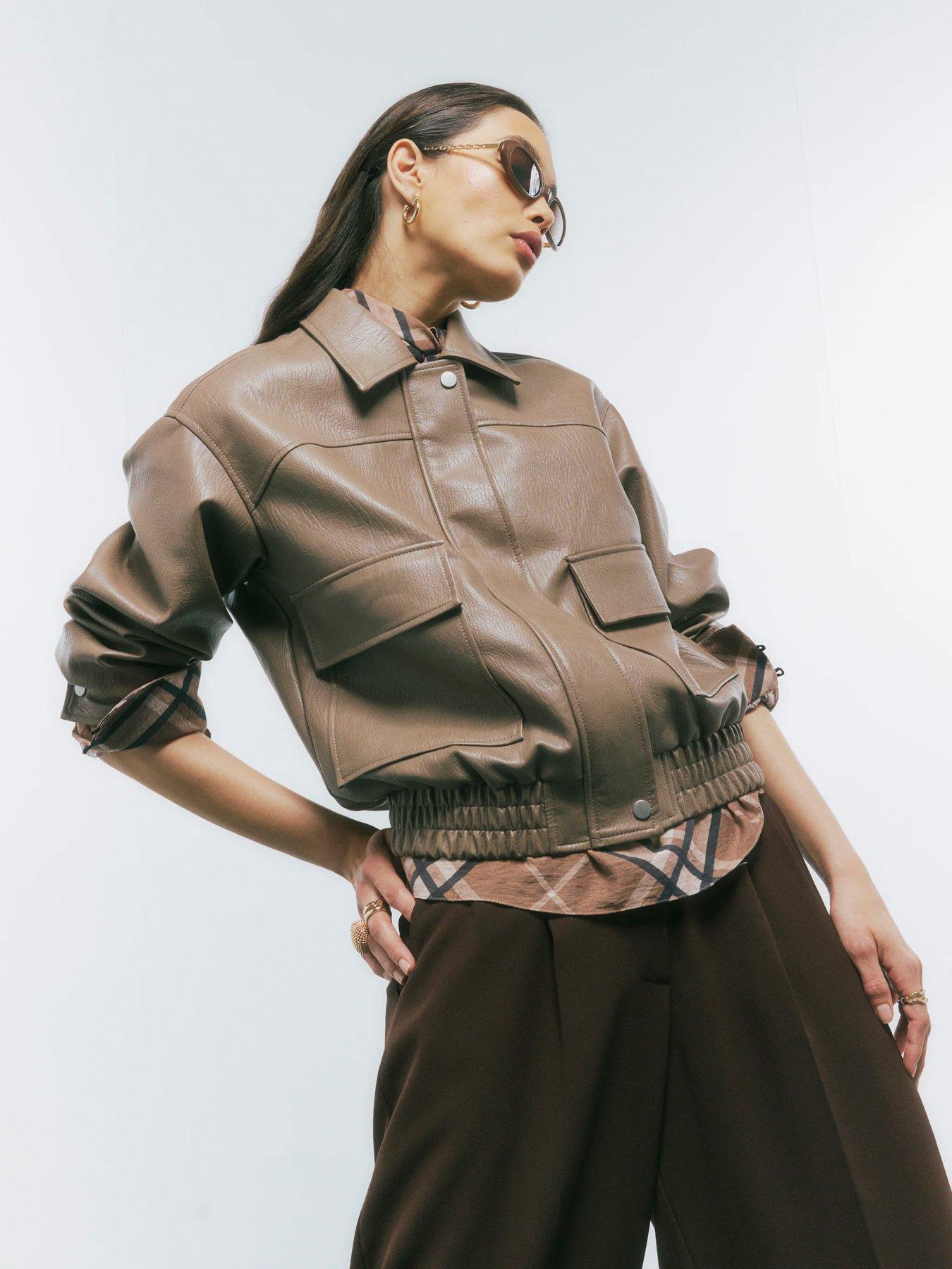 Image 1 of 4 of River Island Textured Pu Classic Bomber - Beige