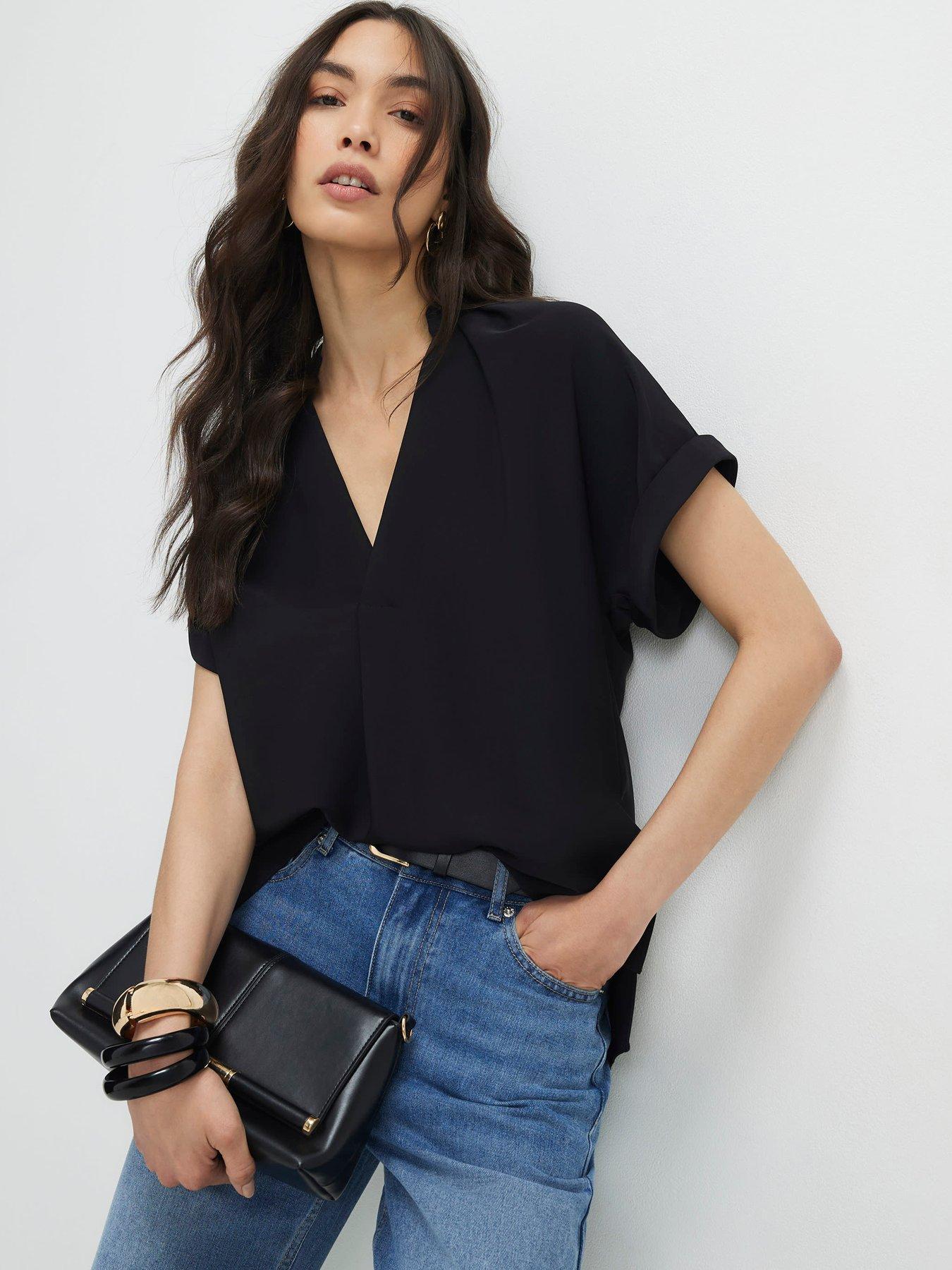River Island Soft Crepe Notch Neck T-Shirt - Black