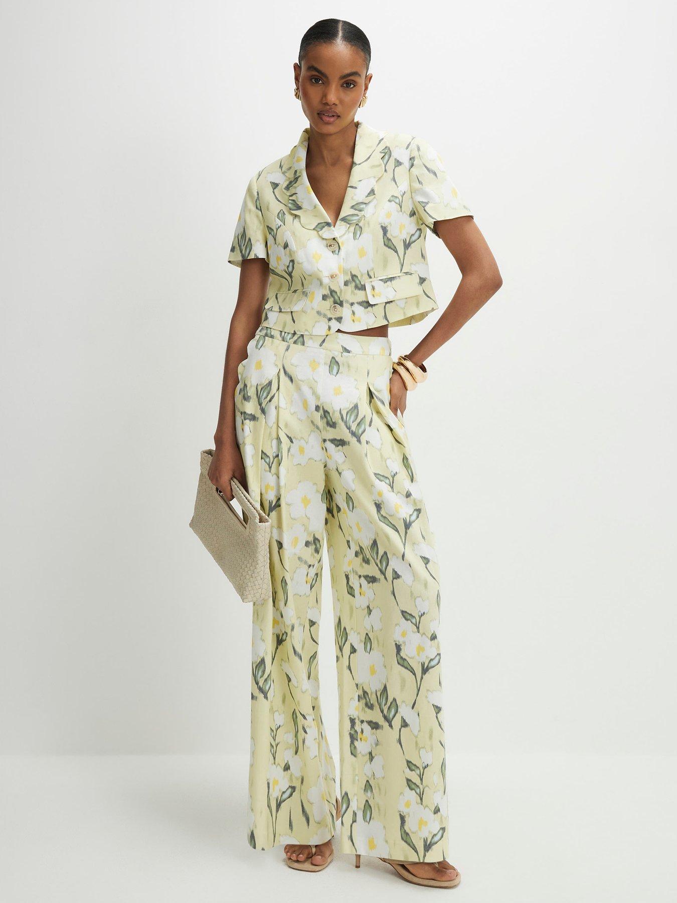 River Island Floral Linen Blend Wide Leg Trousers - Green