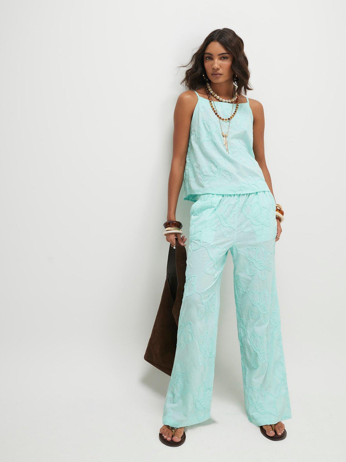 Image 1 of 6 of River Island Aqua Floral Textured Trouser Co-ord