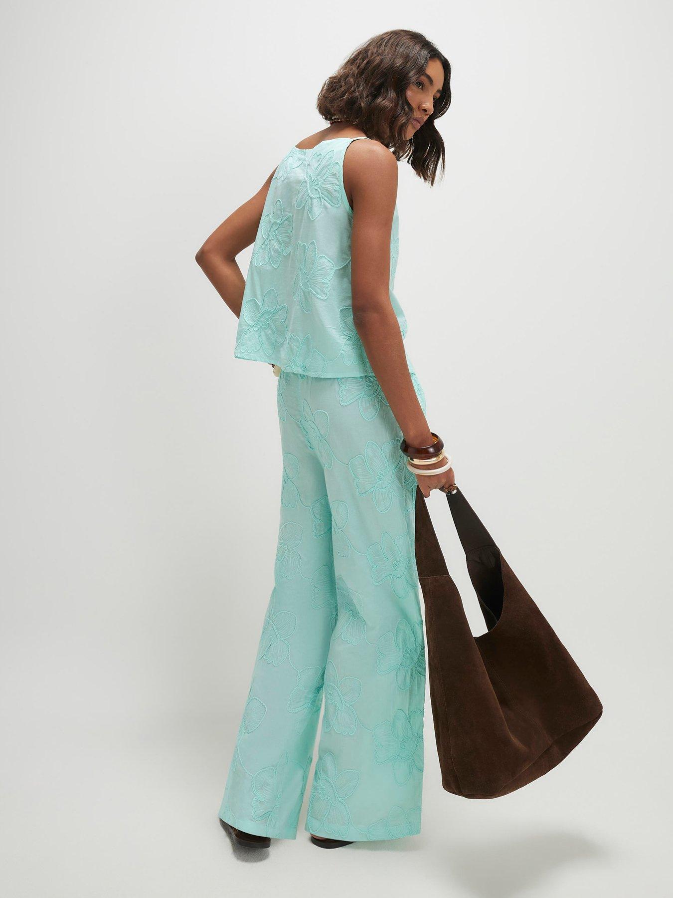 Image 2 of 6 of River Island Aqua Floral Textured Trouser Co-ord