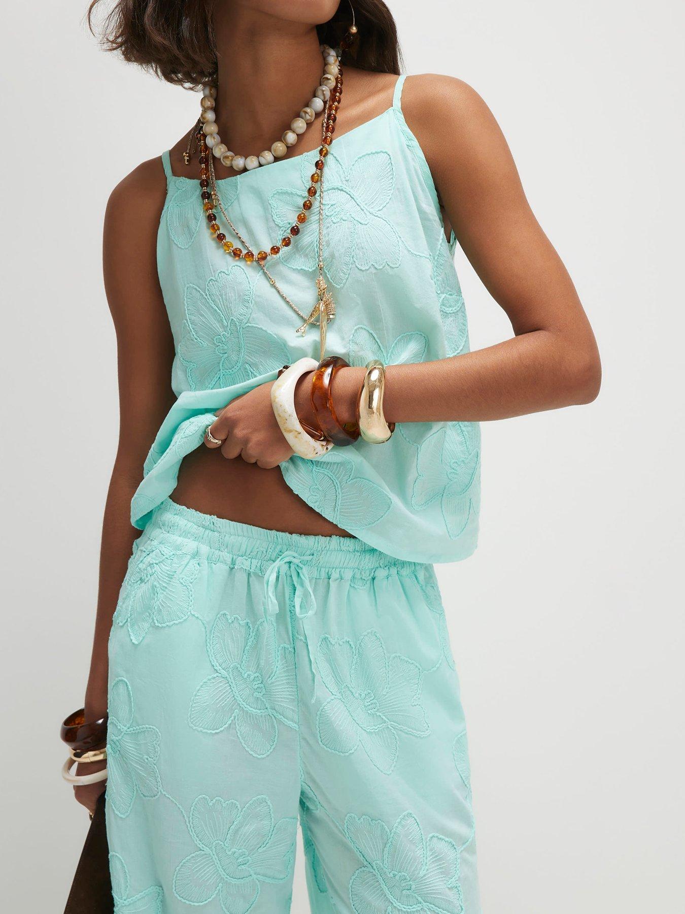 Image 4 of 6 of River Island Aqua Floral Textured Trouser Co-ord