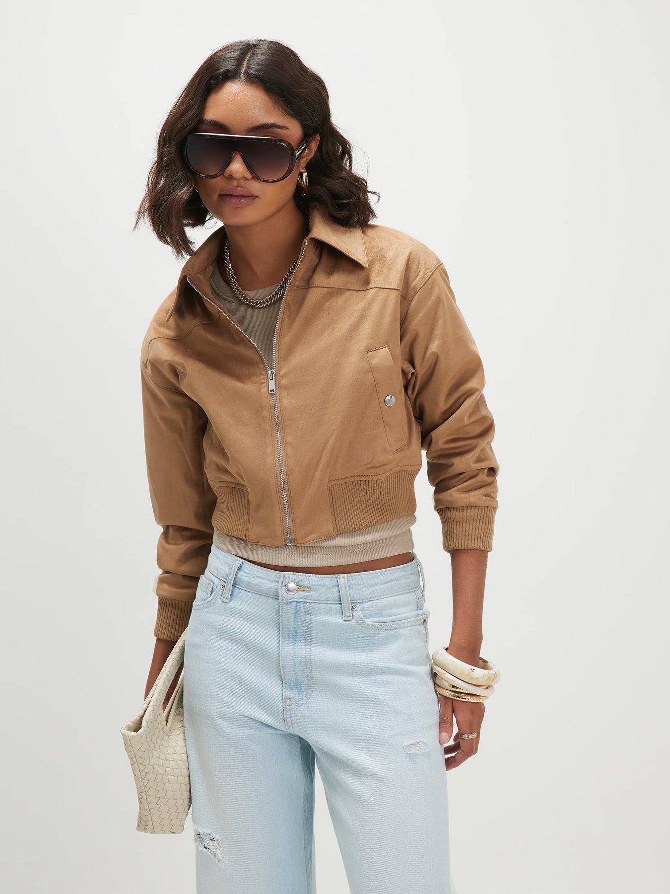 Image 1 of 4 of River Island Rib Hem Croc Suedette Bomber - Beige