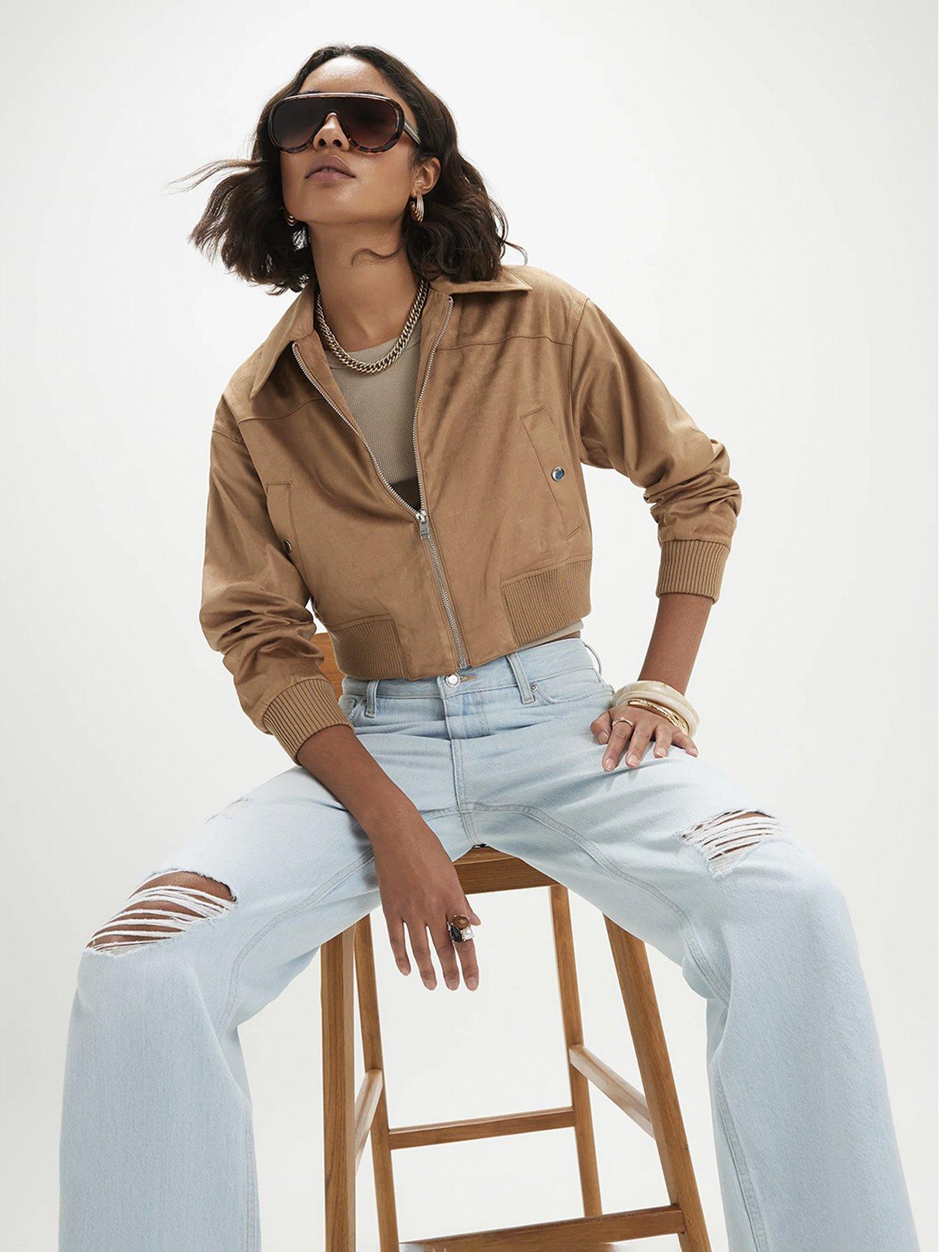 Image 4 of 4 of River Island Rib Hem Croc Suedette Bomber - Beige