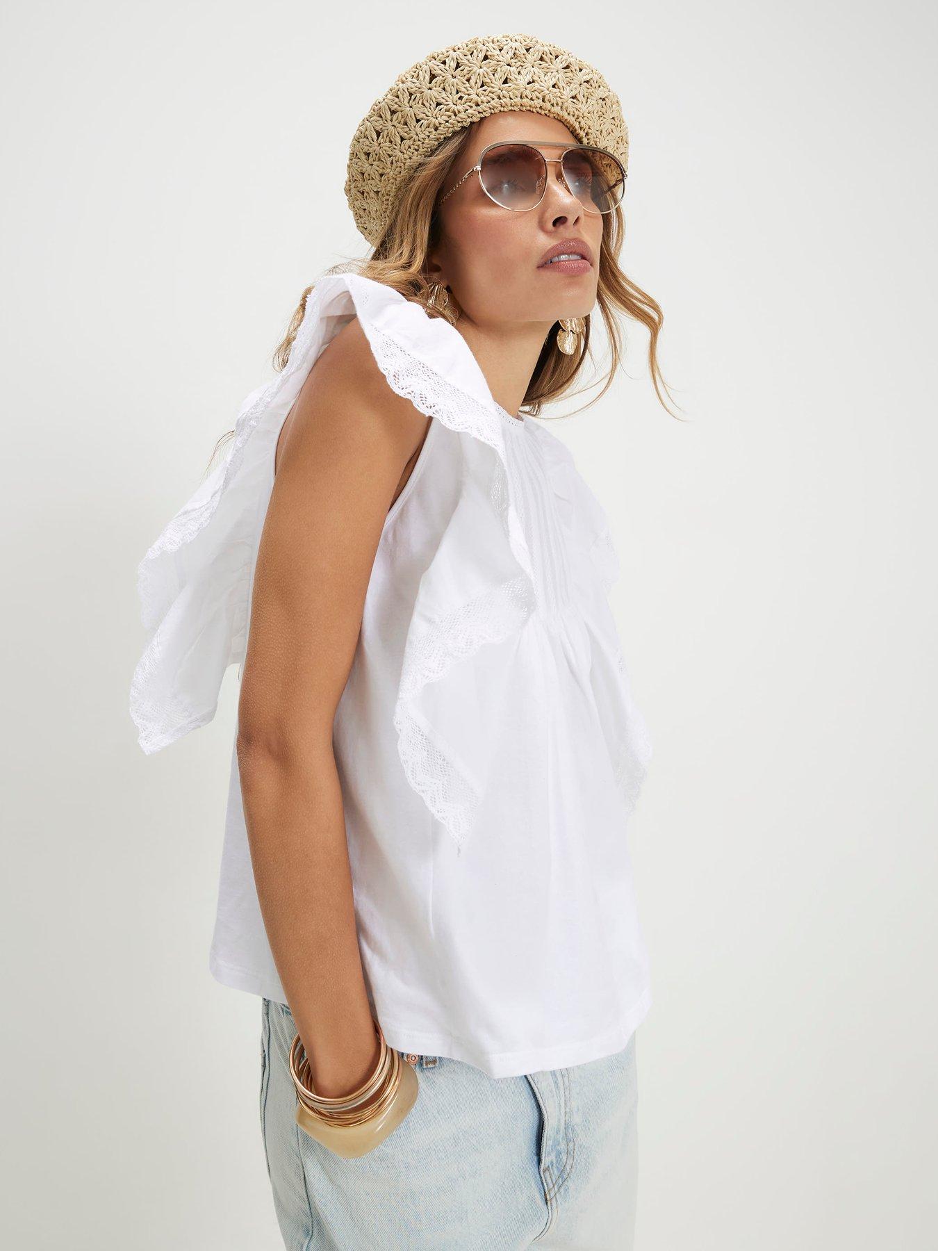 River Island Short Victoriana Frill Blouse - White