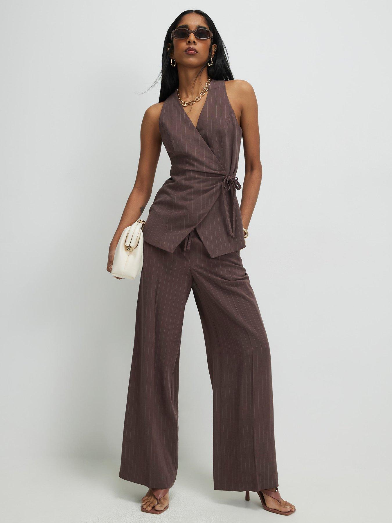Image 3 of 4 of River Island Stripe Soft Tailored Trouser - Brown