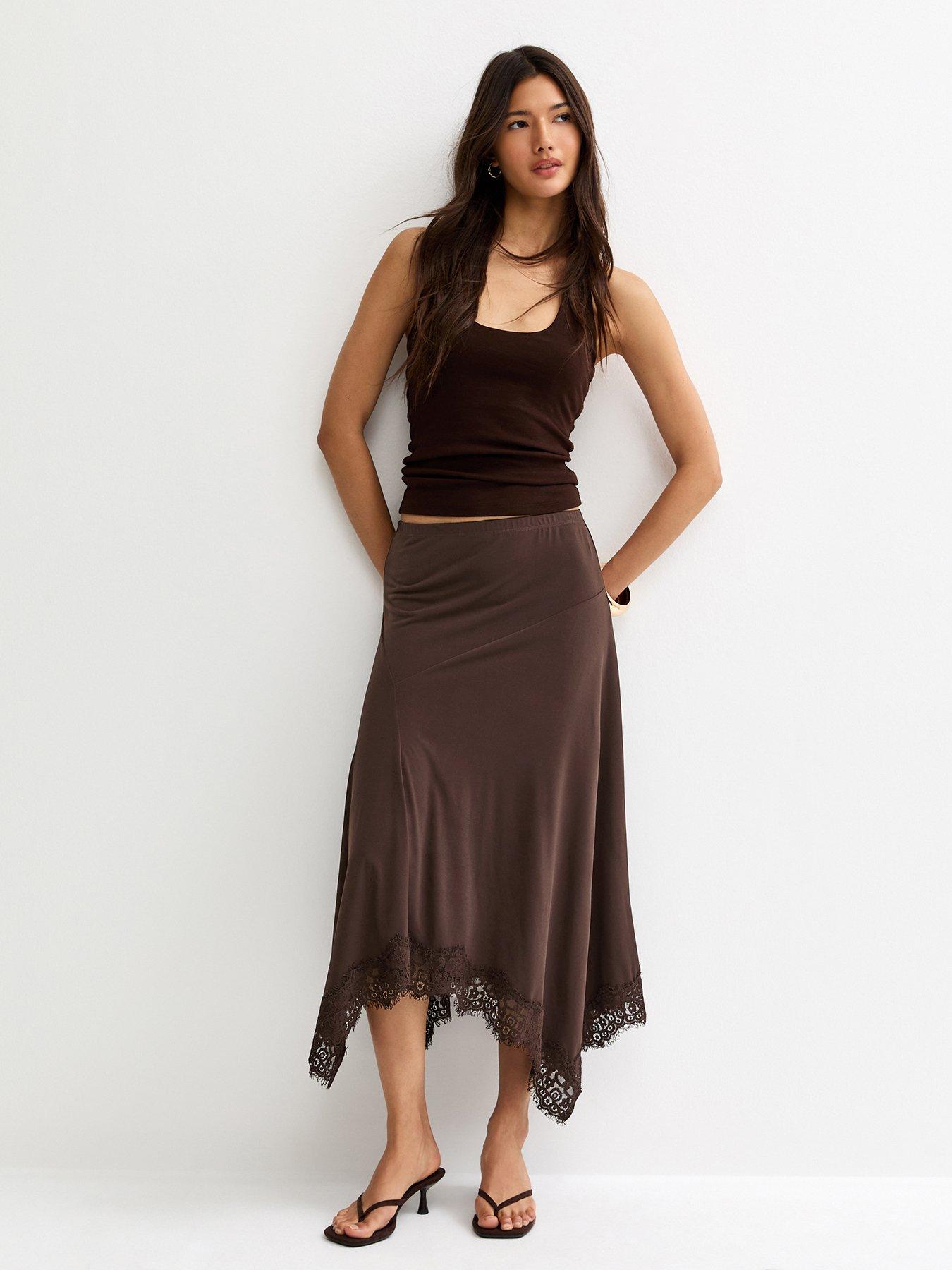 New Look Dark Brown Lace Trim Hanky Hem Midi Skirt