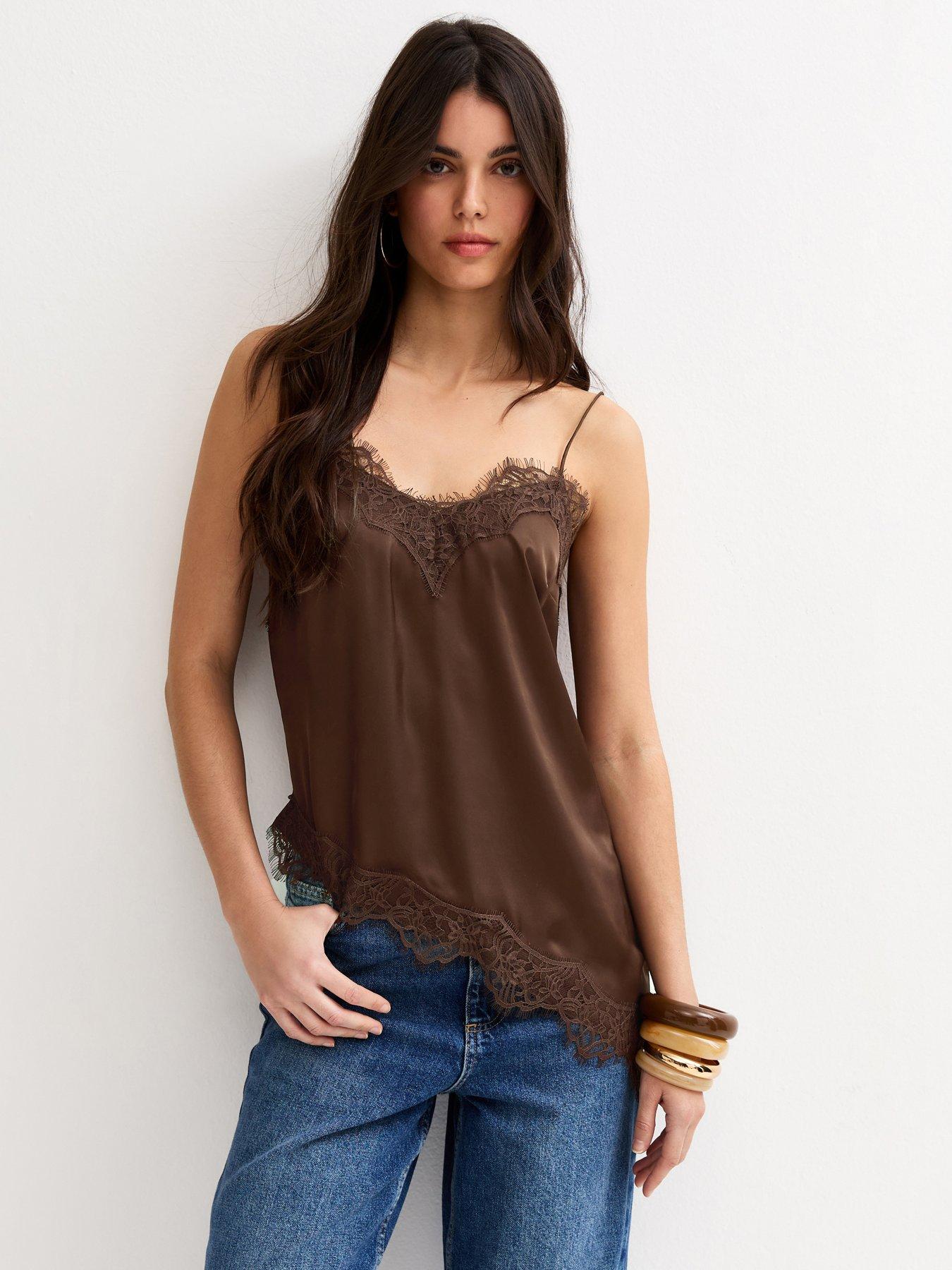 New Look Dark Satin Asymmetric Lace Hem Cami Top -  Brown