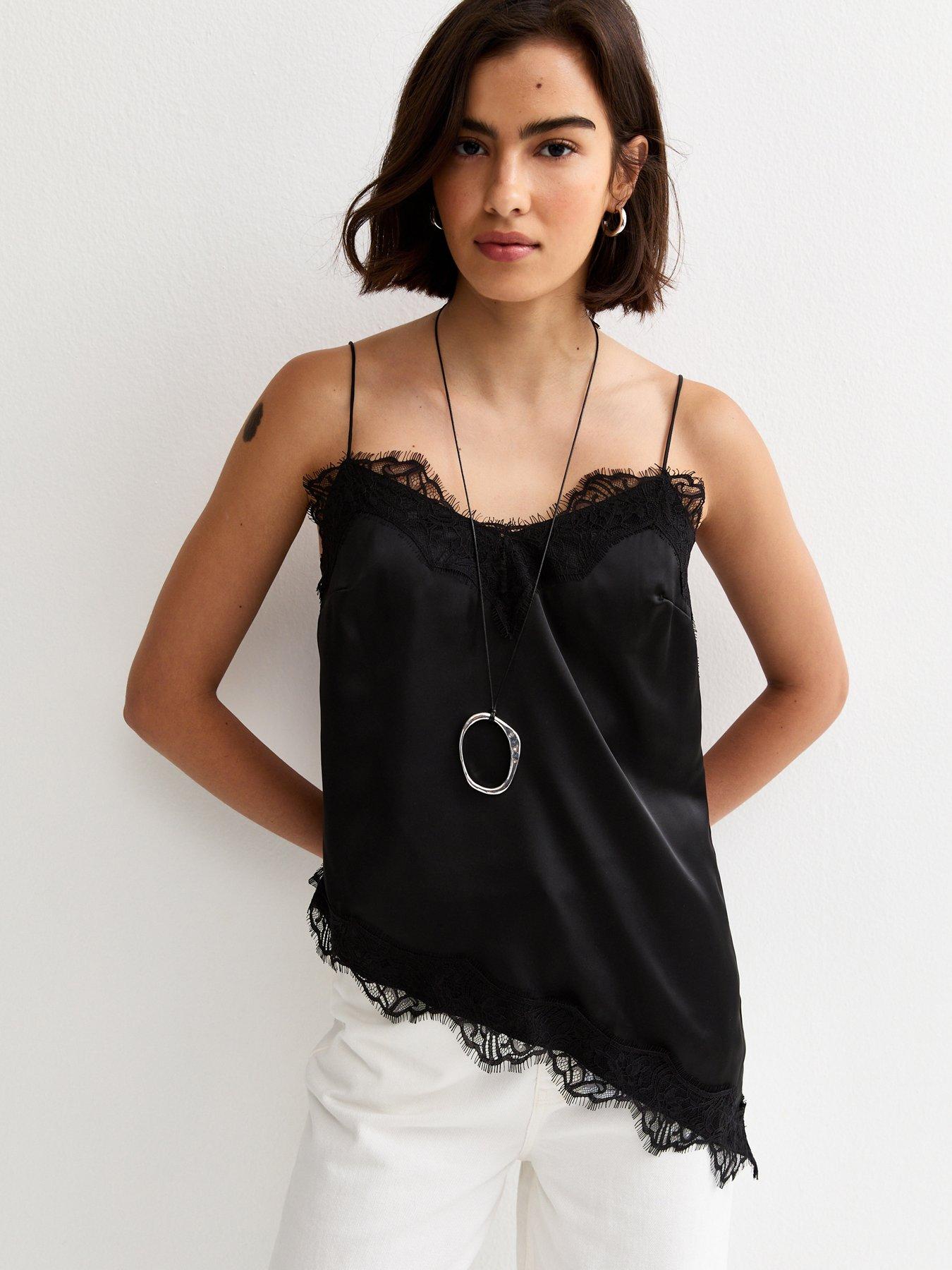  image of new-look-black-asymmetric-lace-cami-top