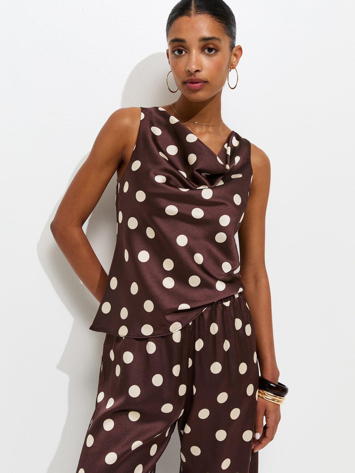 New Look Polka Dot Print Satin Sleeveless Cowl Neck Top - Red
