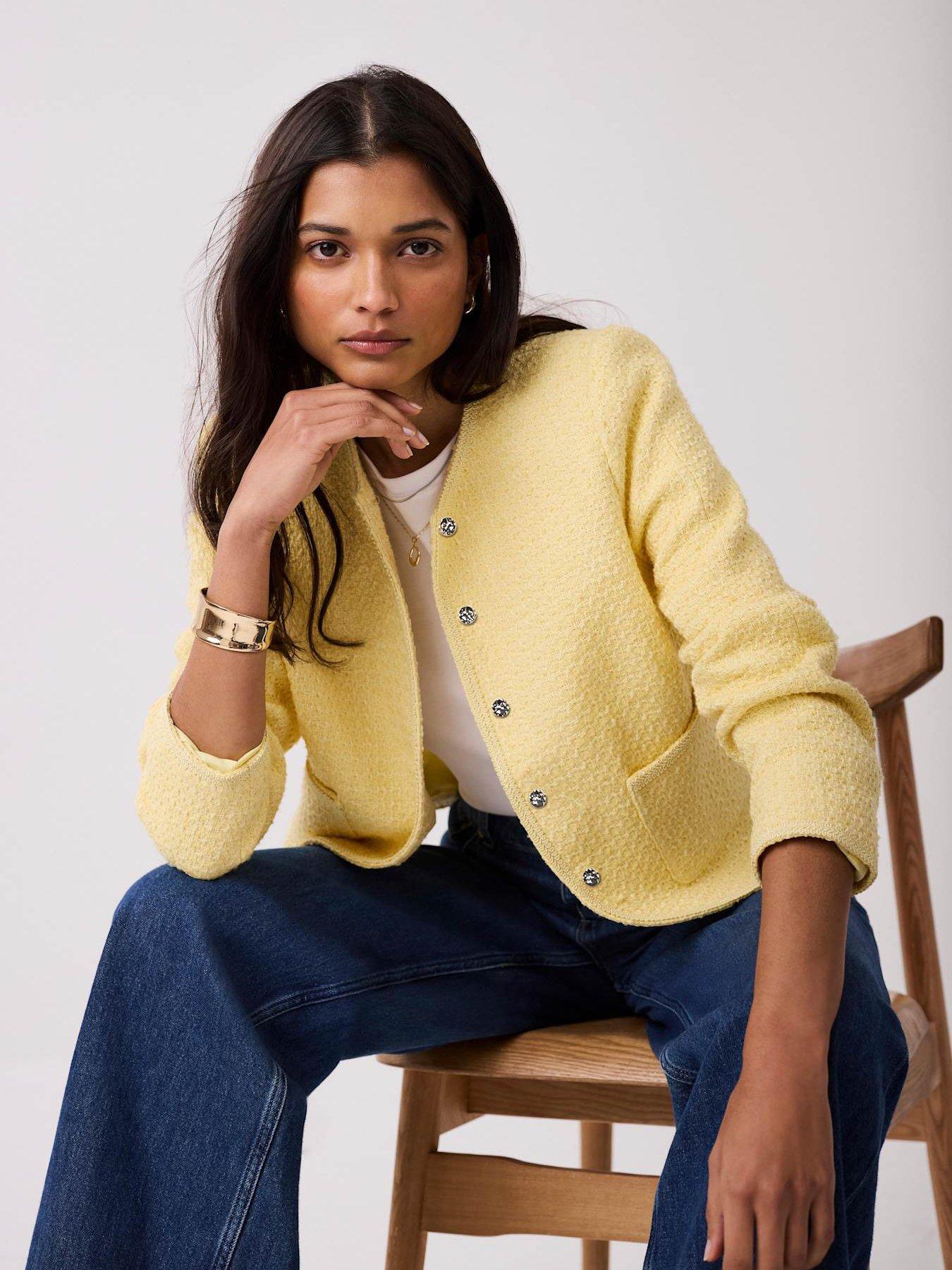  image of mint-velvet-curved-boucle-jacket-yellow