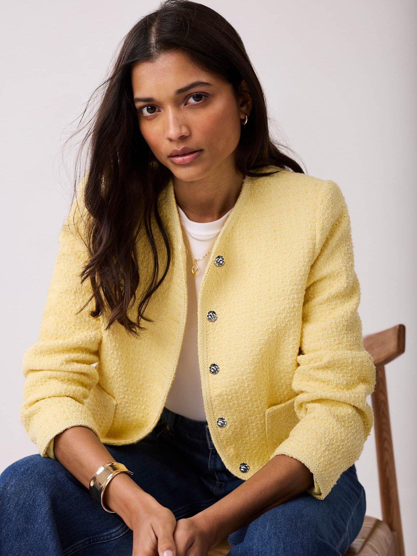  image of mint-velvet-curved-boucle-jacket-yellow