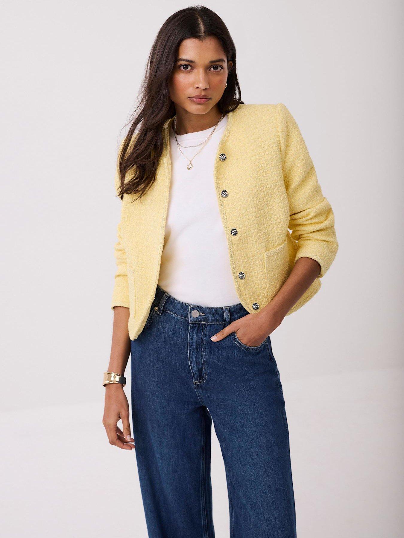  image of mint-velvet-curved-boucle-jacket-yellow