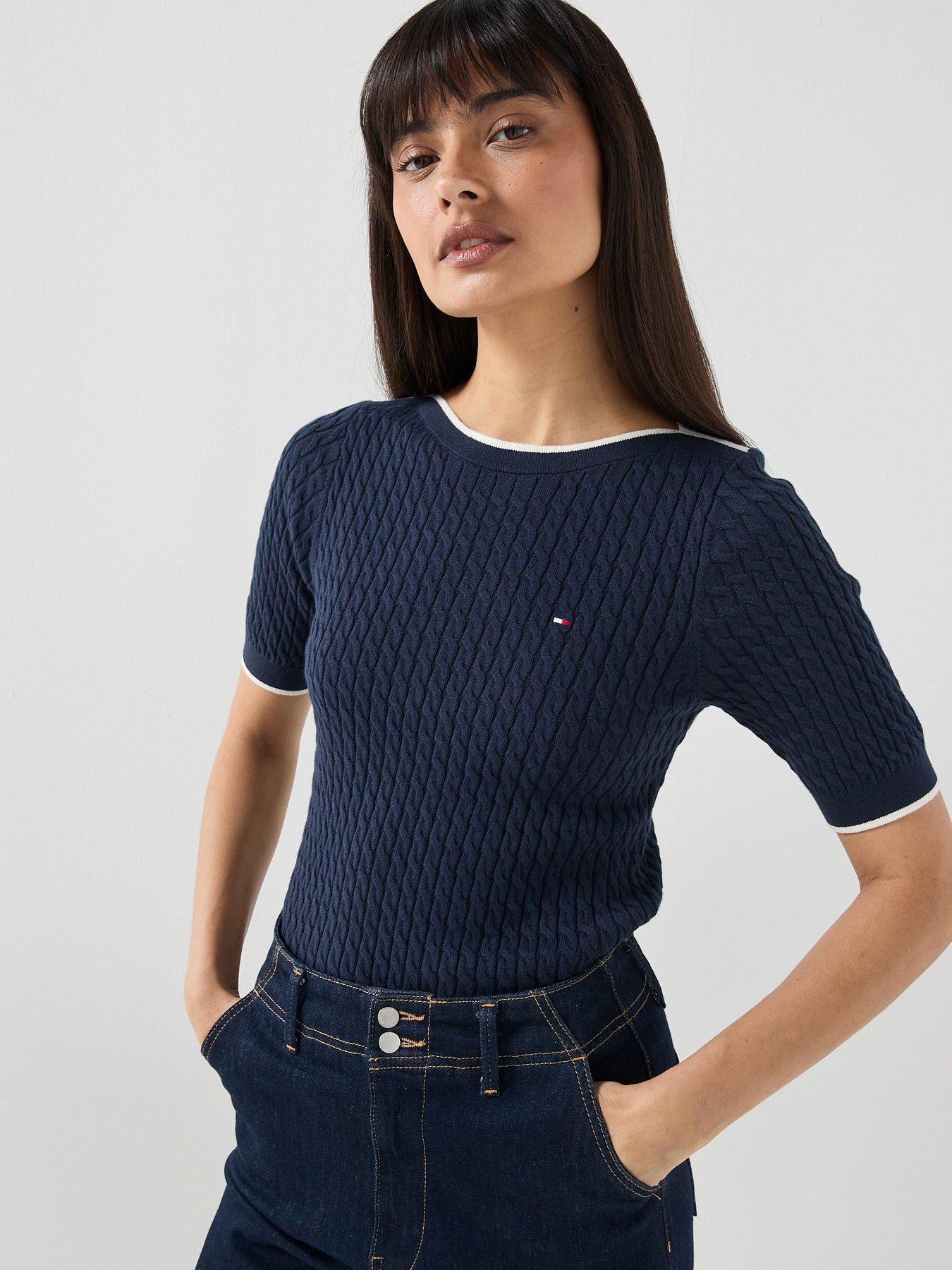 Tommy Hilfiger Cable Knit Boat Neck Short Sleeve Jumper - Dark Blue