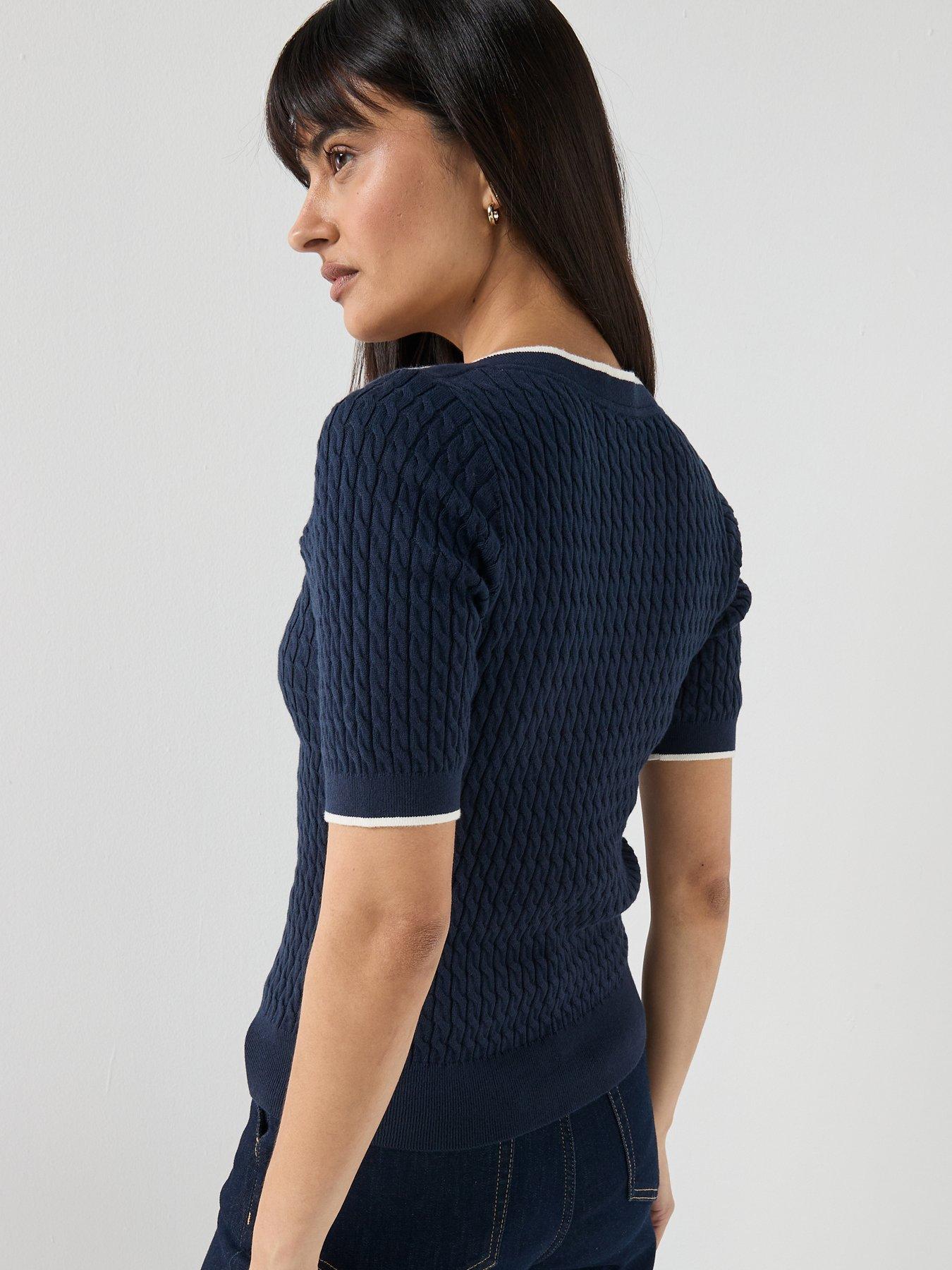 Image 2 of 4 of Tommy Hilfiger Cable Knit Boat Neck Short Sleeve Jumper - Blue