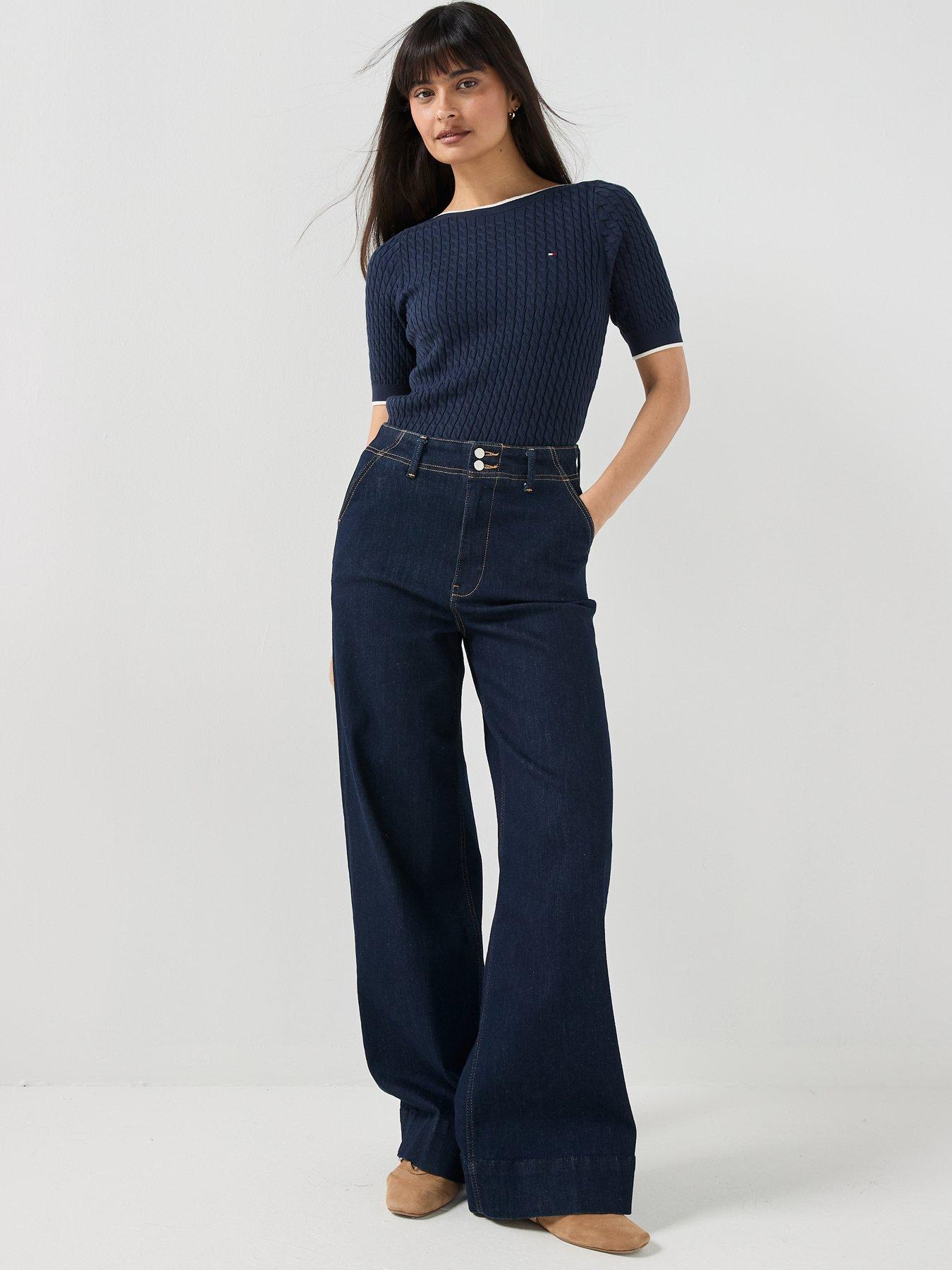 Image 3 of 4 of Tommy Hilfiger Cable Knit Boat Neck Short Sleeve Jumper - Blue